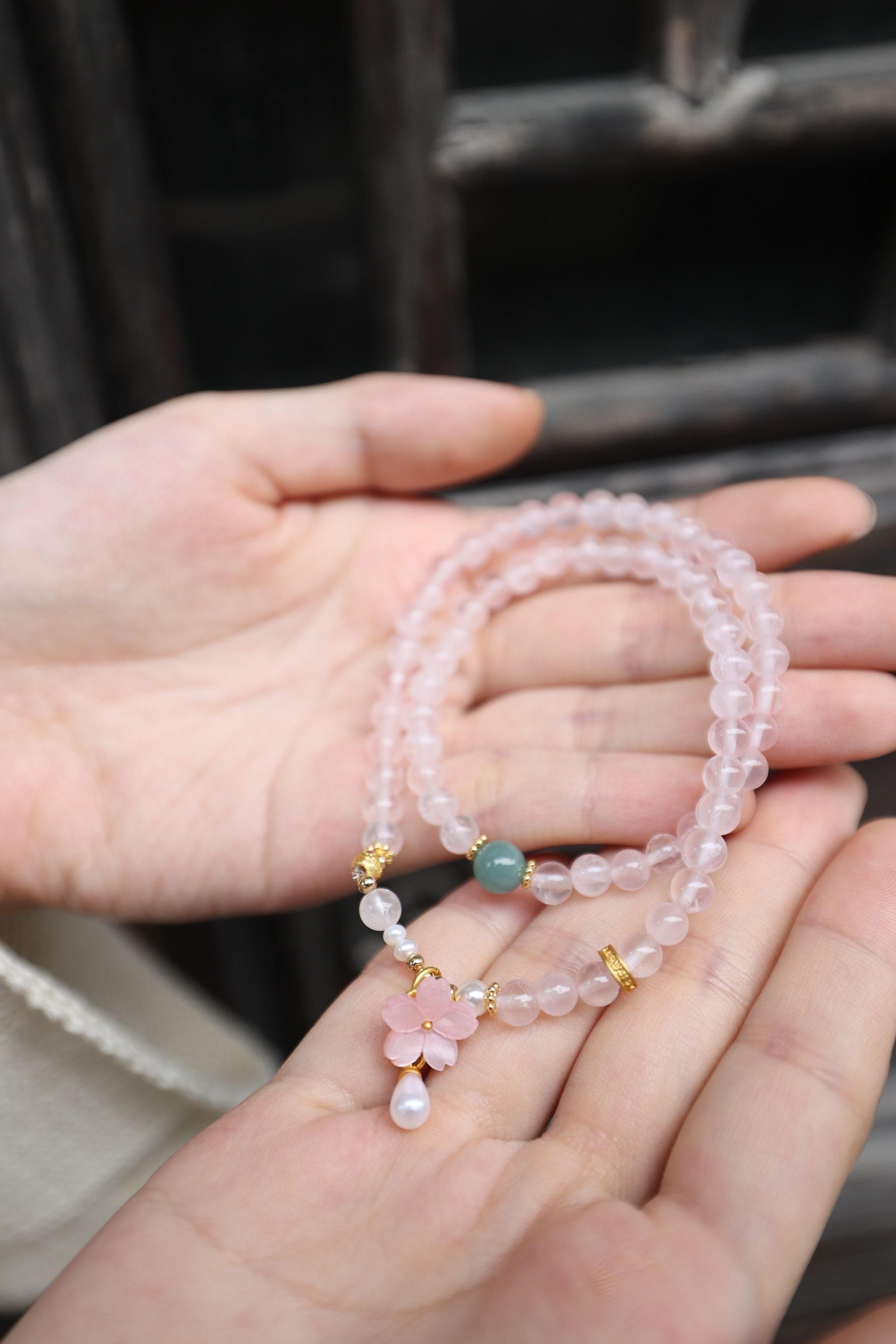 Natural Rose Quartz and Blue Jadeite Bracelet, 52cm with 8mm Beads