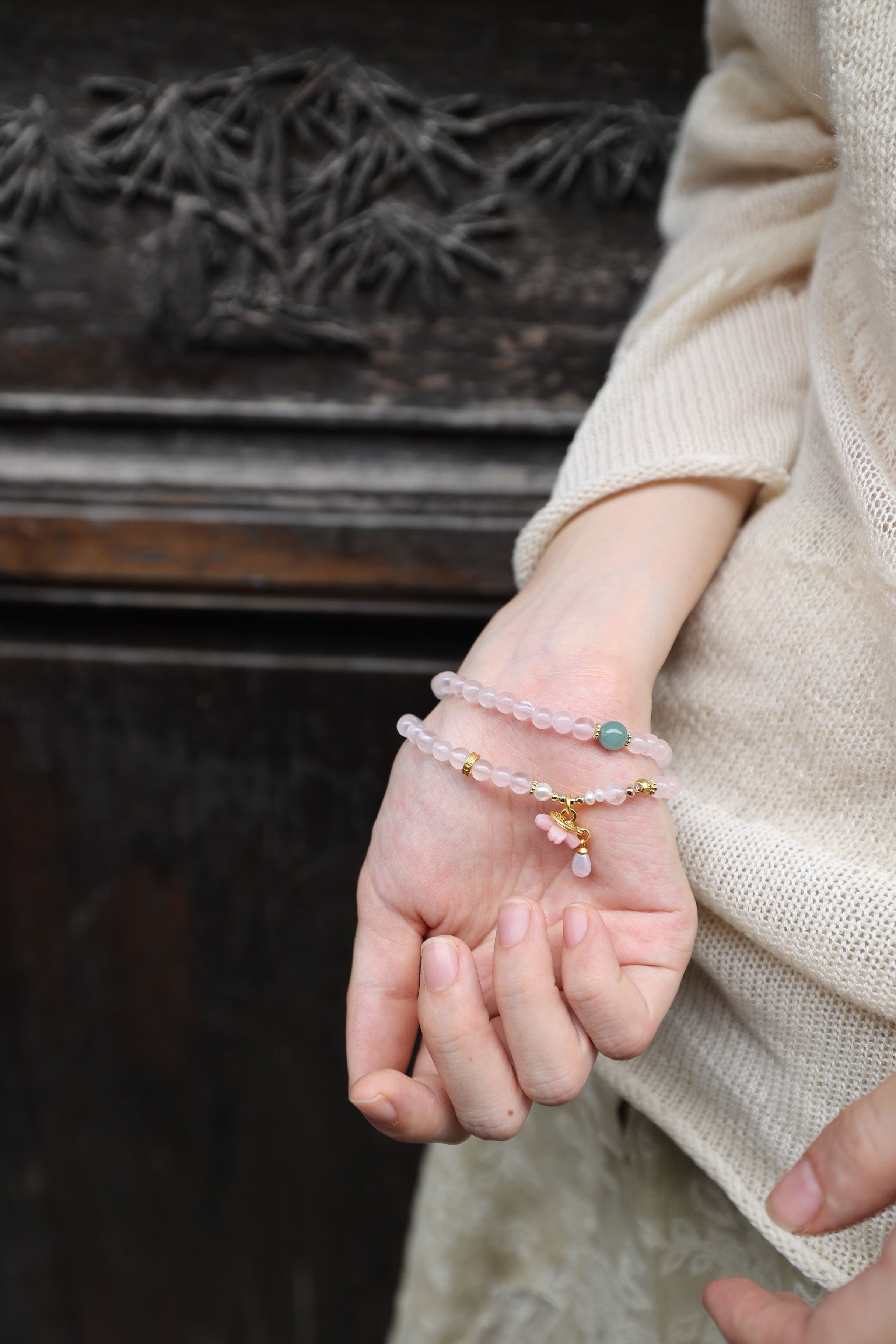 Natural Rose Quartz and Blue Jadeite Bracelet, 52cm with 8mm Beads