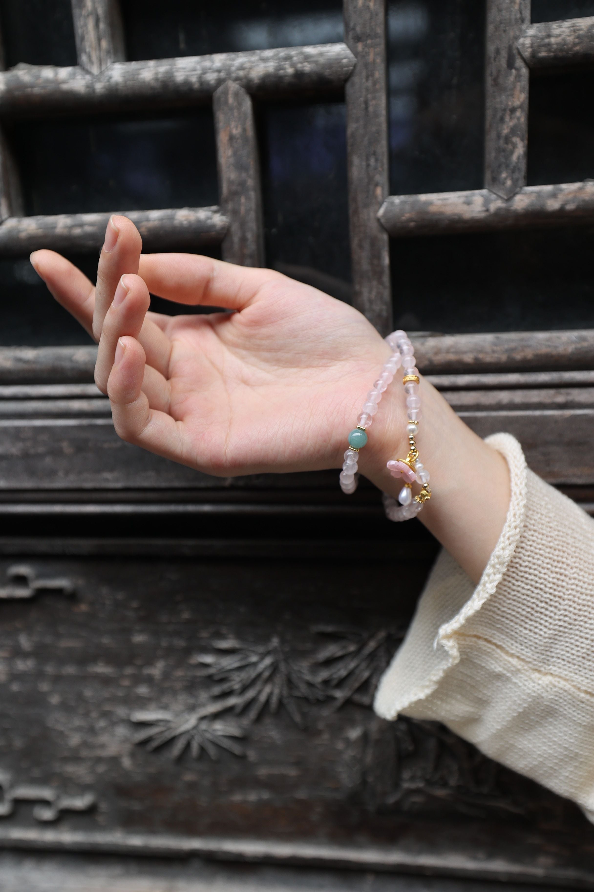 Natural Rose Quartz and Blue Jadeite Bracelet, 52cm with 8mm Beads