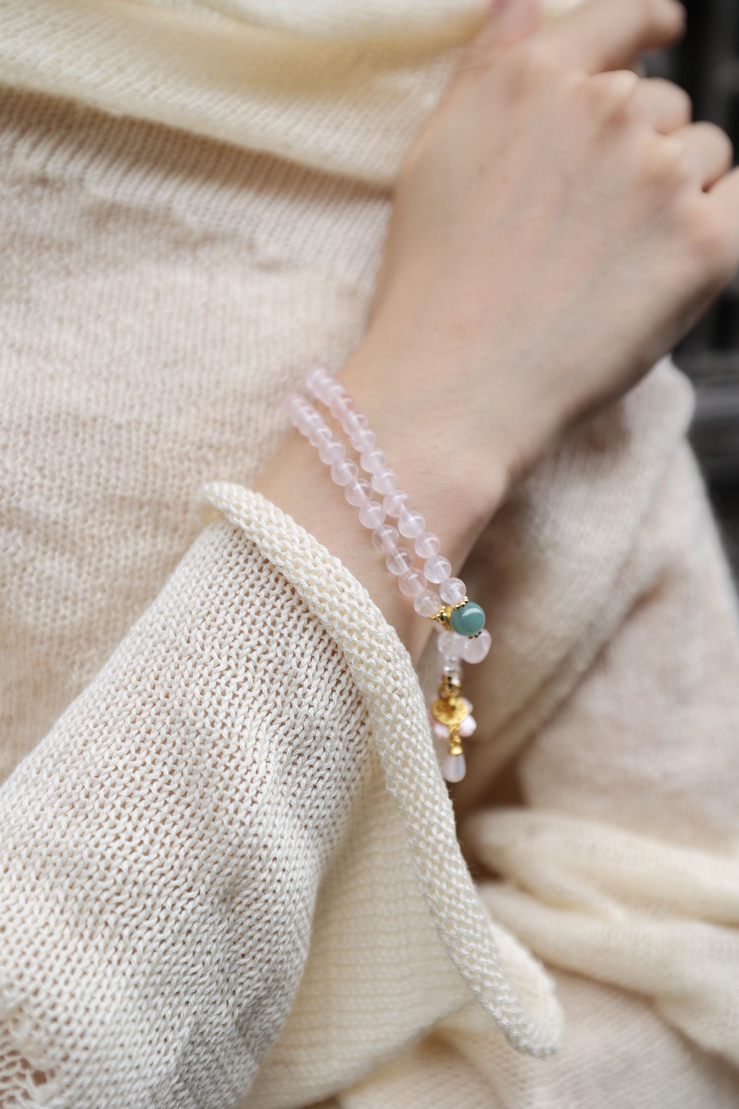 Natural Rose Quartz and Blue Jadeite Bracelet, 52cm with 8mm Beads