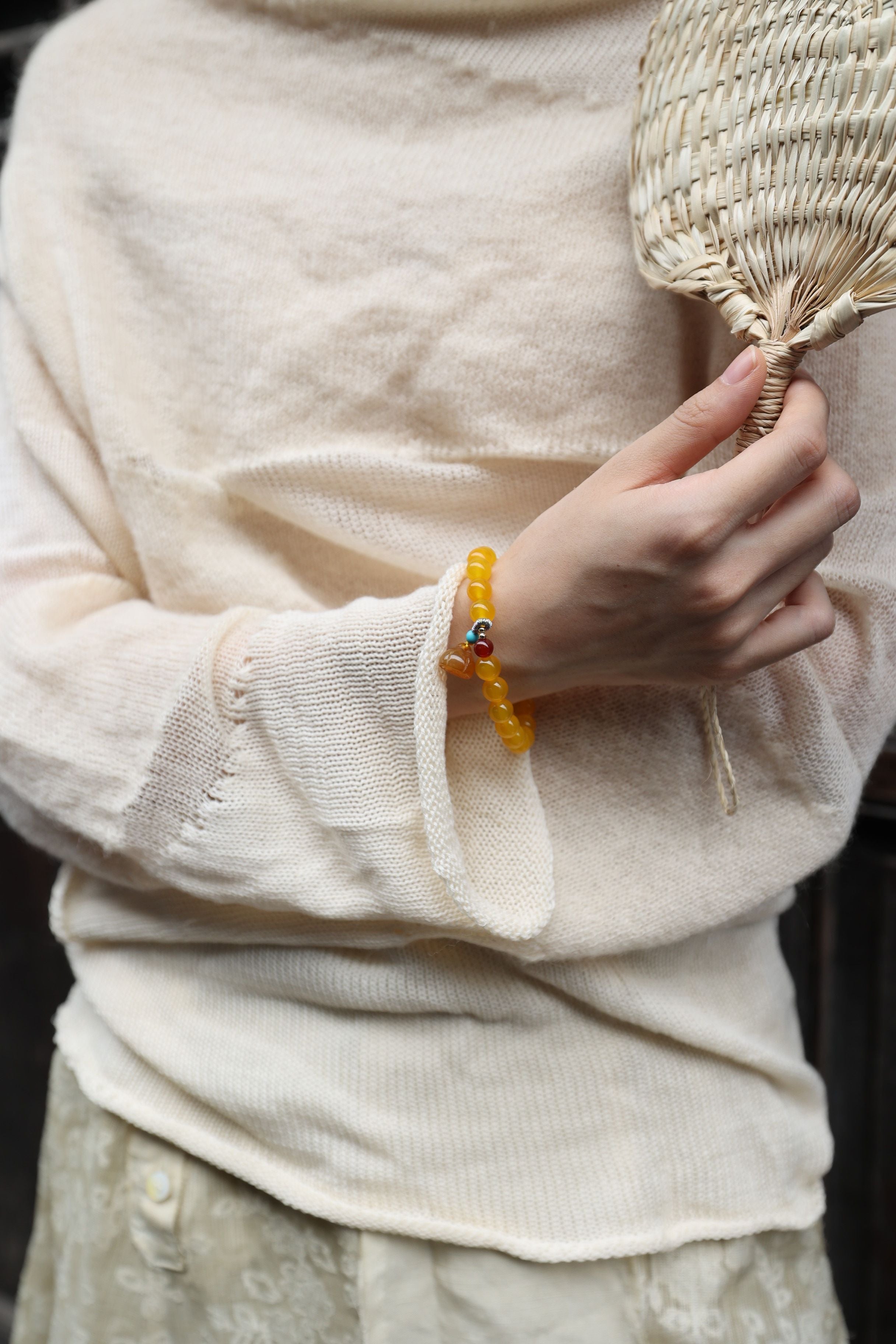 Yellow Agate Bracelet with 7mm Beads, 16cm Length