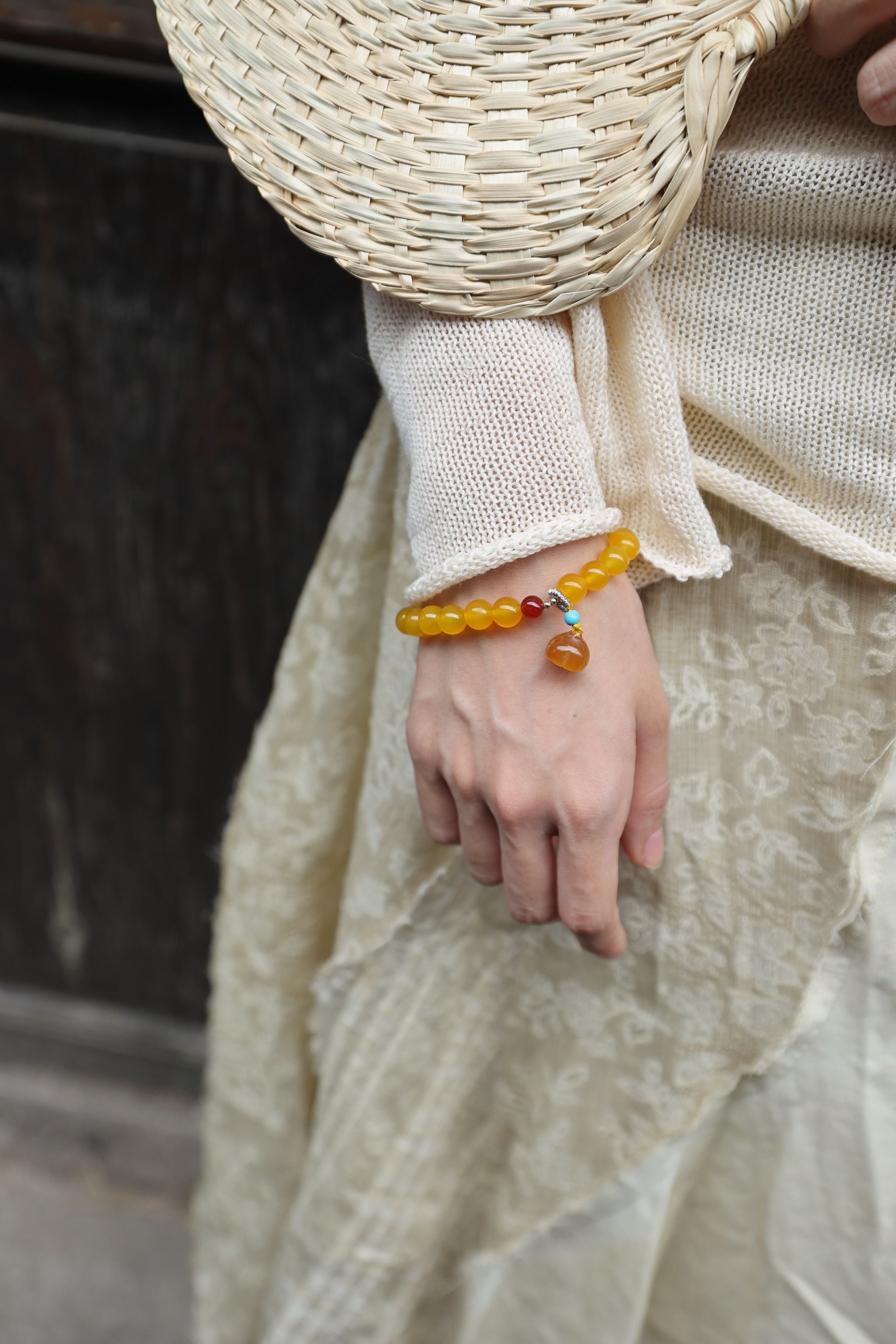 Yellow Agate Bracelet with 7mm Beads, 16cm Length