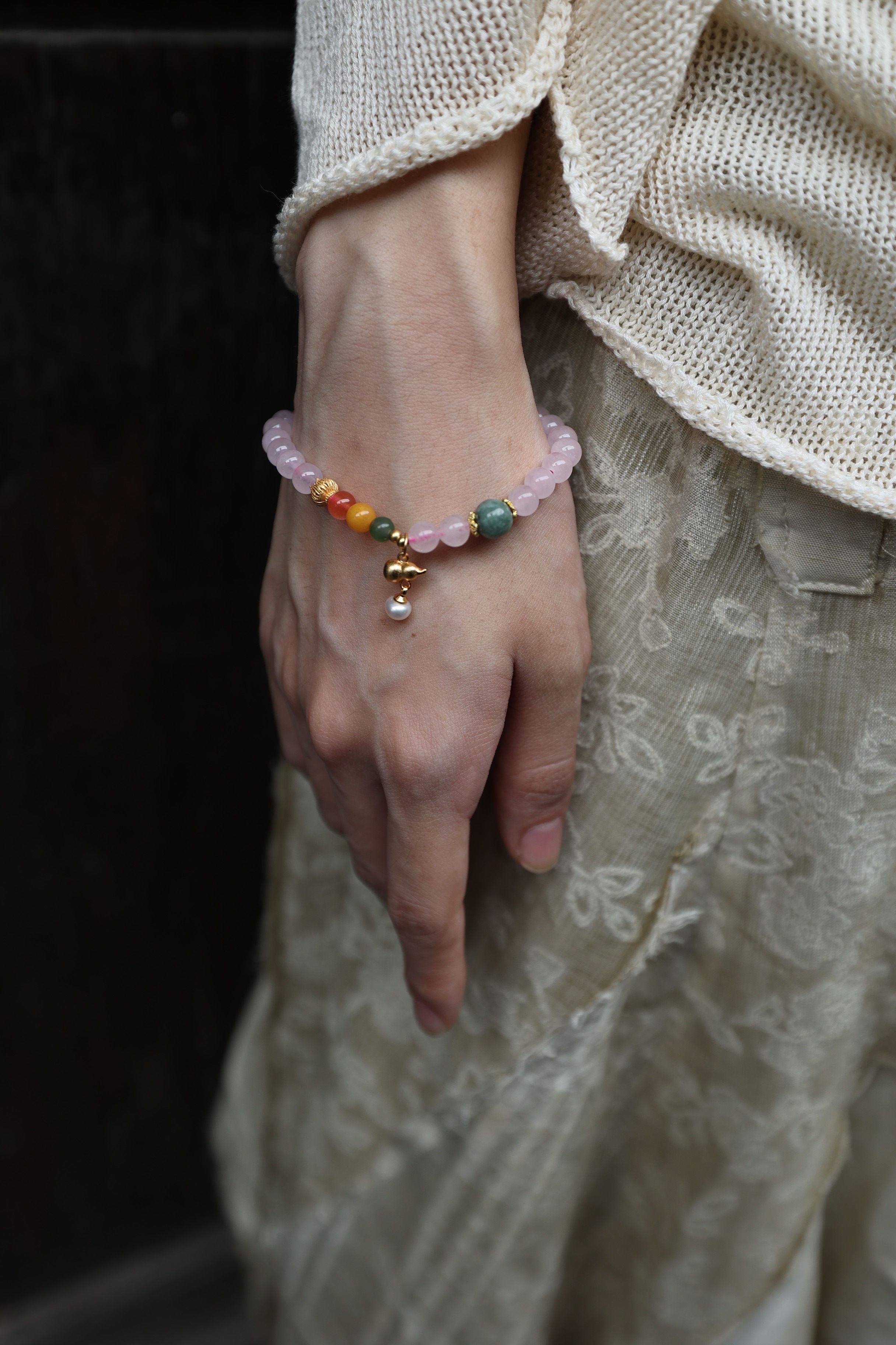 Luxurious 5-Gem Bracelet: Coral, Amber, Jasper, Agate & Jadeite