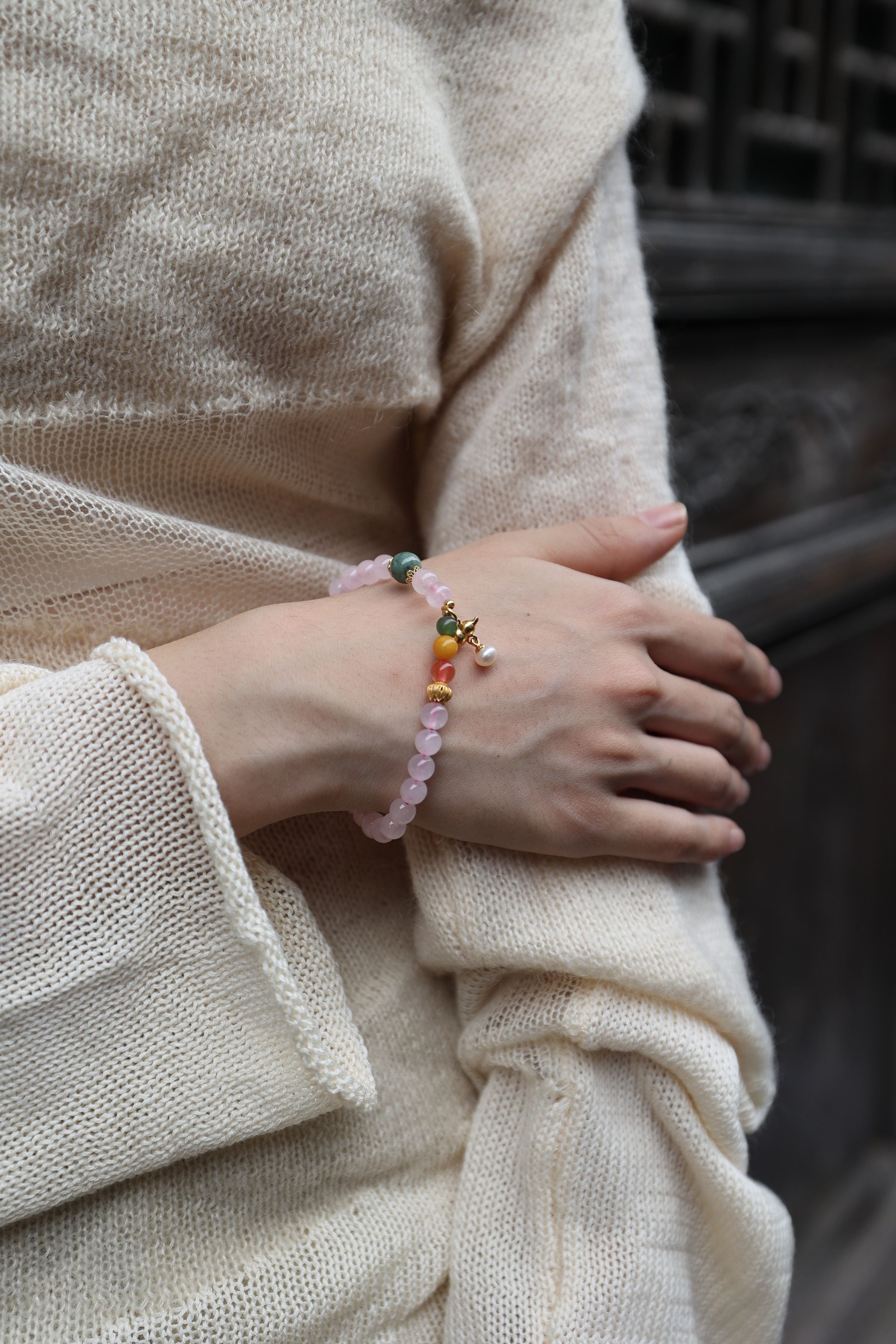 Luxurious 5-Gem Bracelet: Coral, Amber, Jasper, Agate & Jadeite