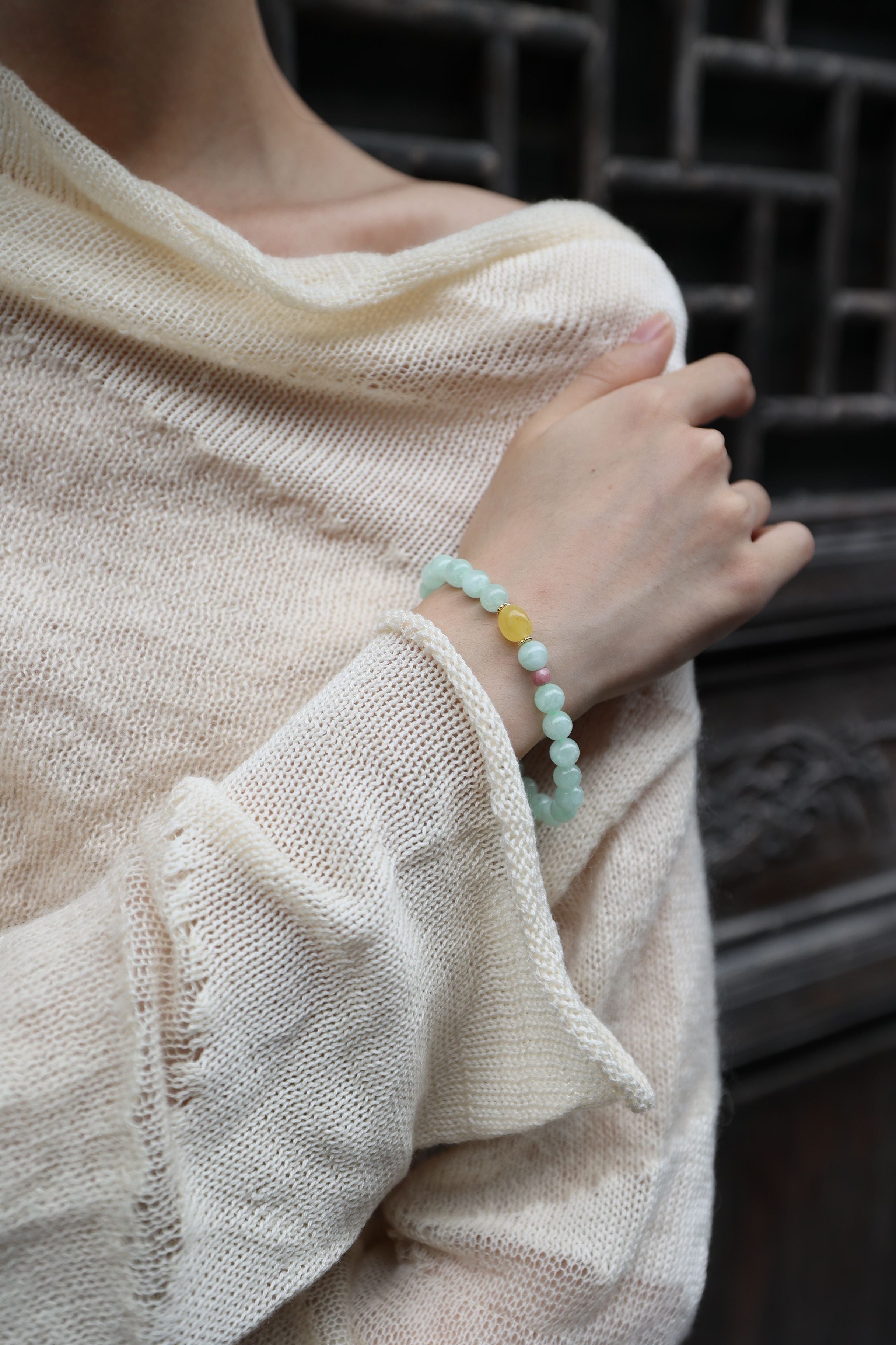 Amazonite and Amber Bracelet, 16cm with 8mm Beads