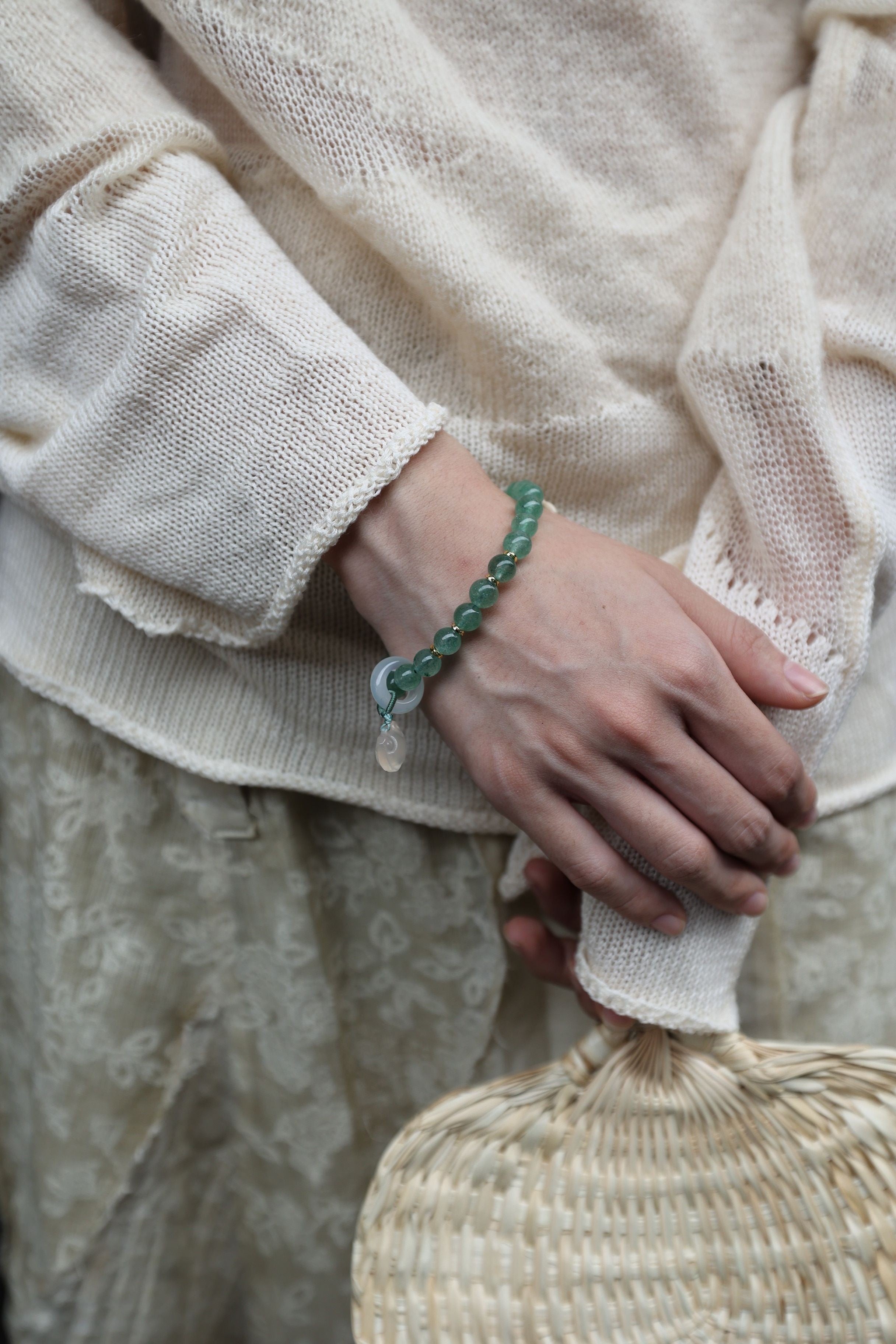 Green Strawberry Quartz & White Agate Bracelet