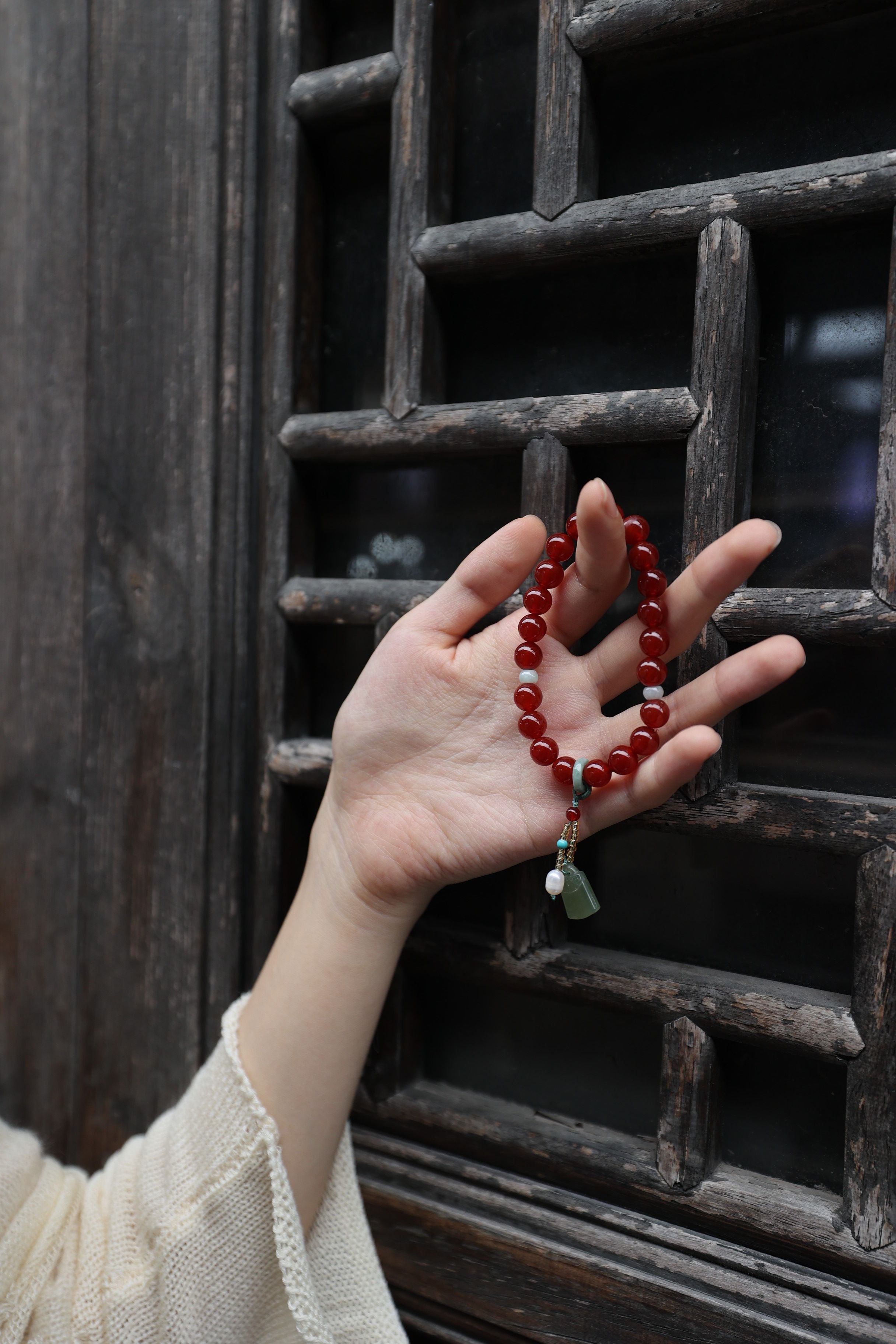 Red Agate and Hetian Jade Elastic Bracelet