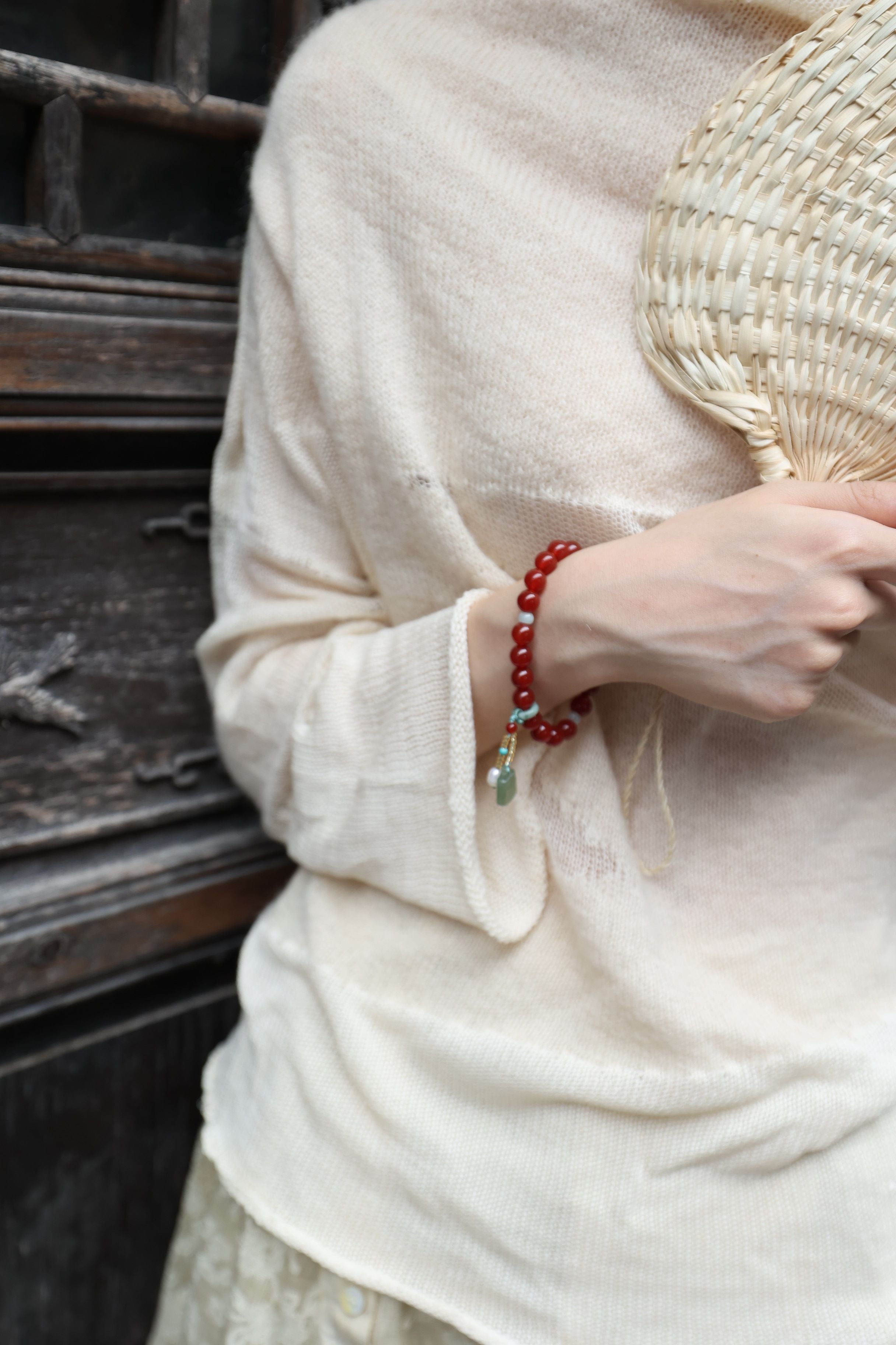 Red Agate and Hetian Jade Elastic Bracelet