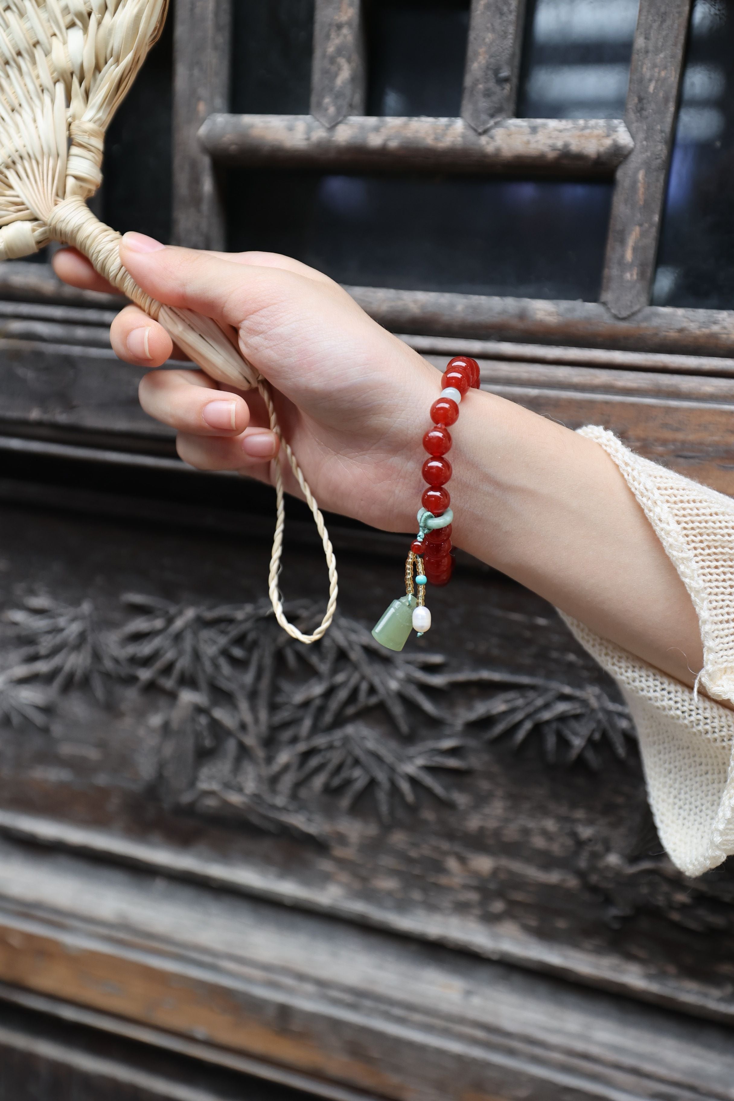 Red Agate and Hetian Jade Elastic Bracelet