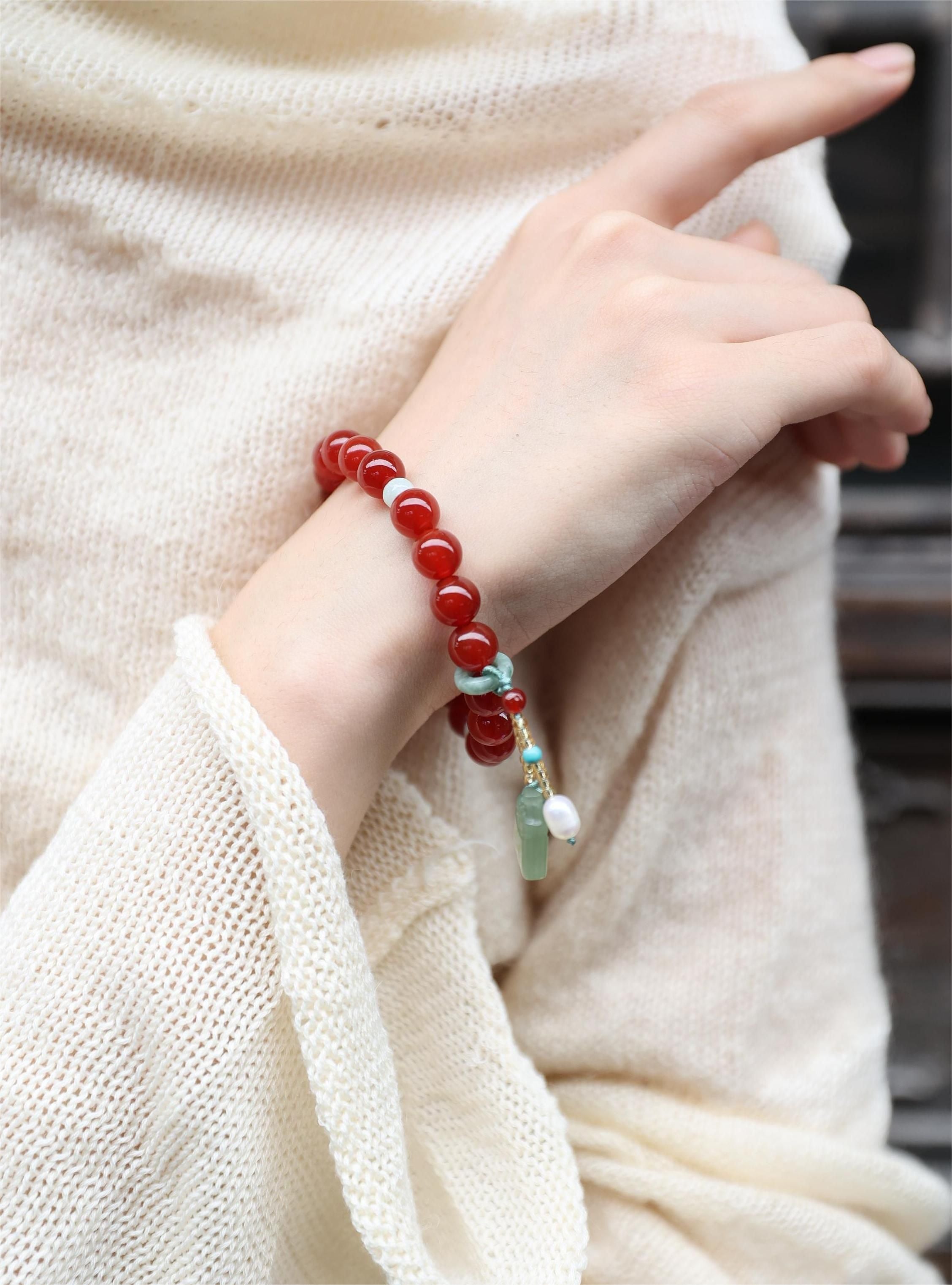 Red Agate and Hetian Jade Elastic Bracelet