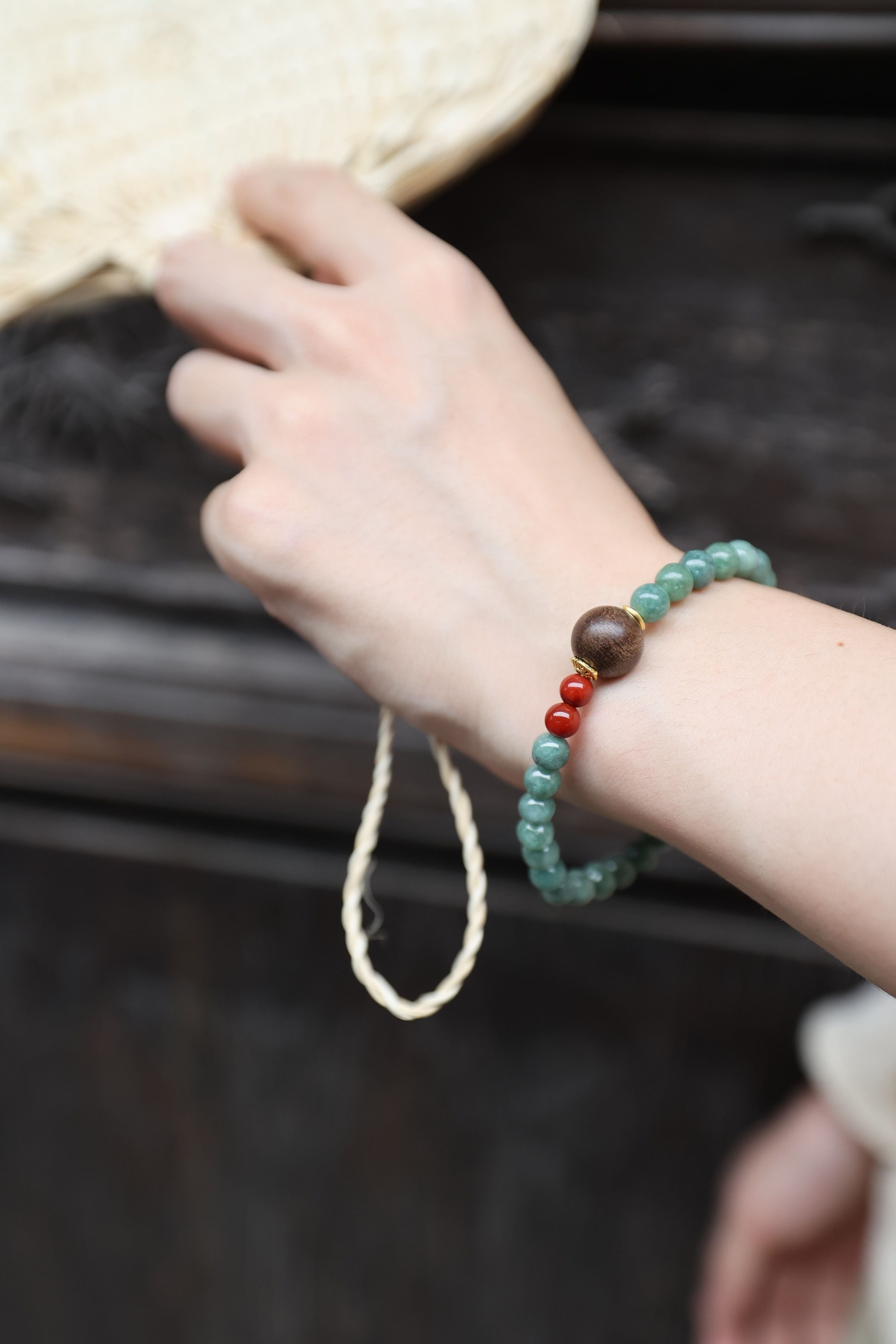 Jade, Red Agate, and Agarwood Bracelet, 16cm with 7mm Beads