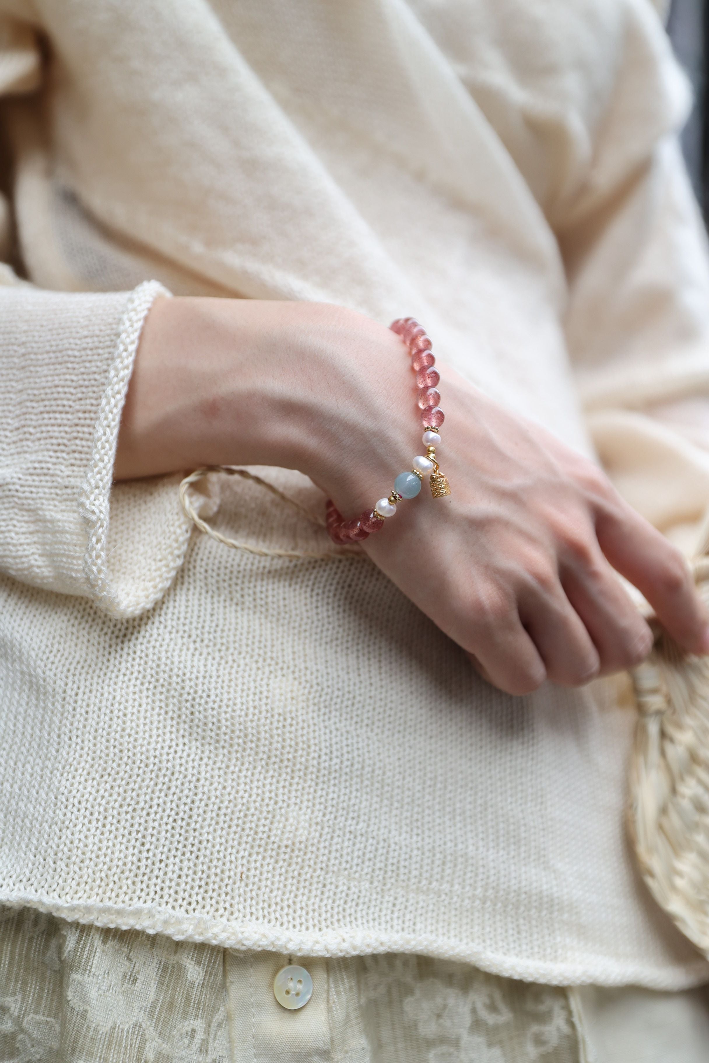 Strawberry Quartz, Jade, and Pearl Bracelet, 16cm with 8mm Beads