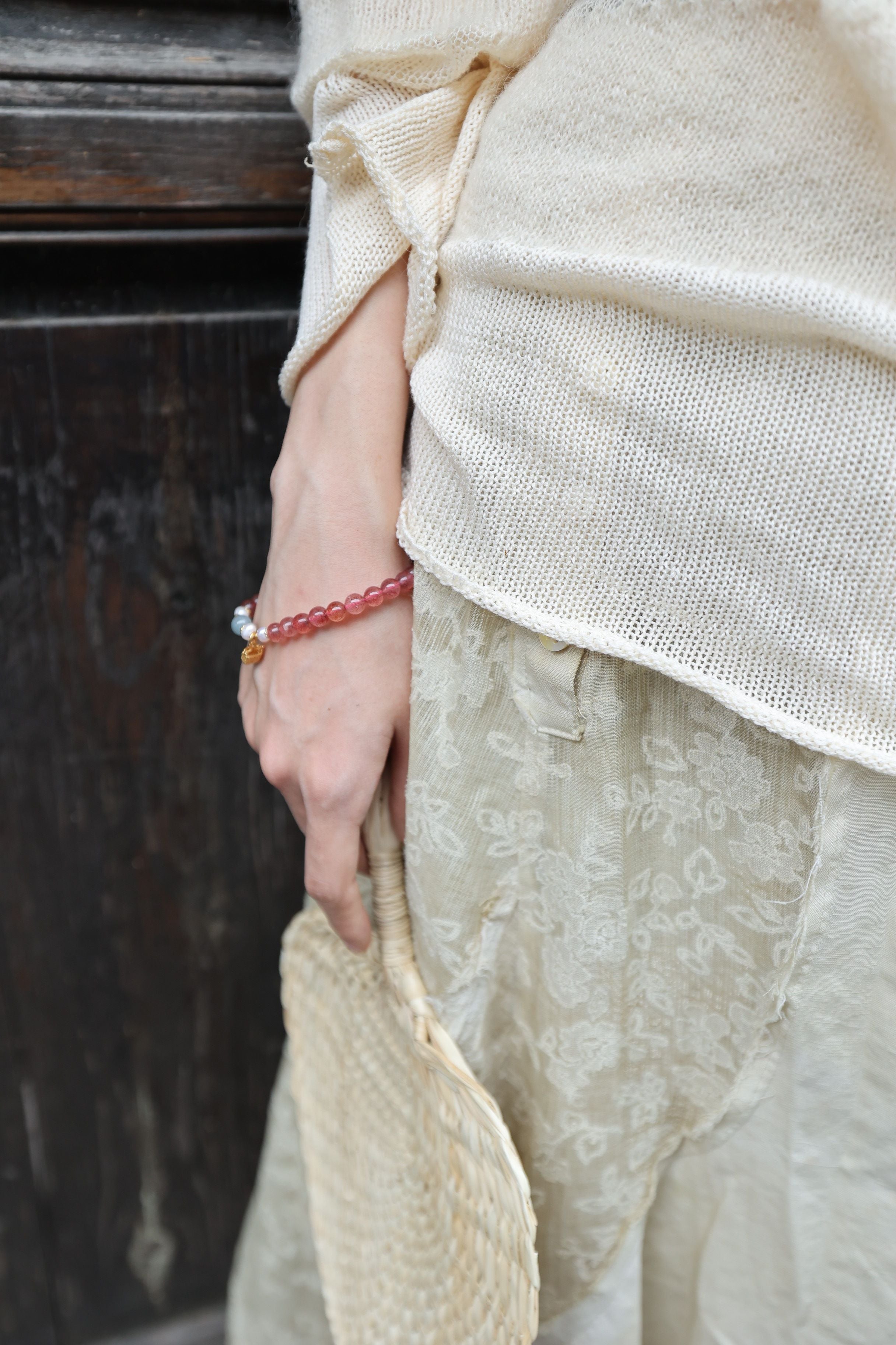 Strawberry Quartz, Jade, and Pearl Bracelet, 16cm with 8mm Beads