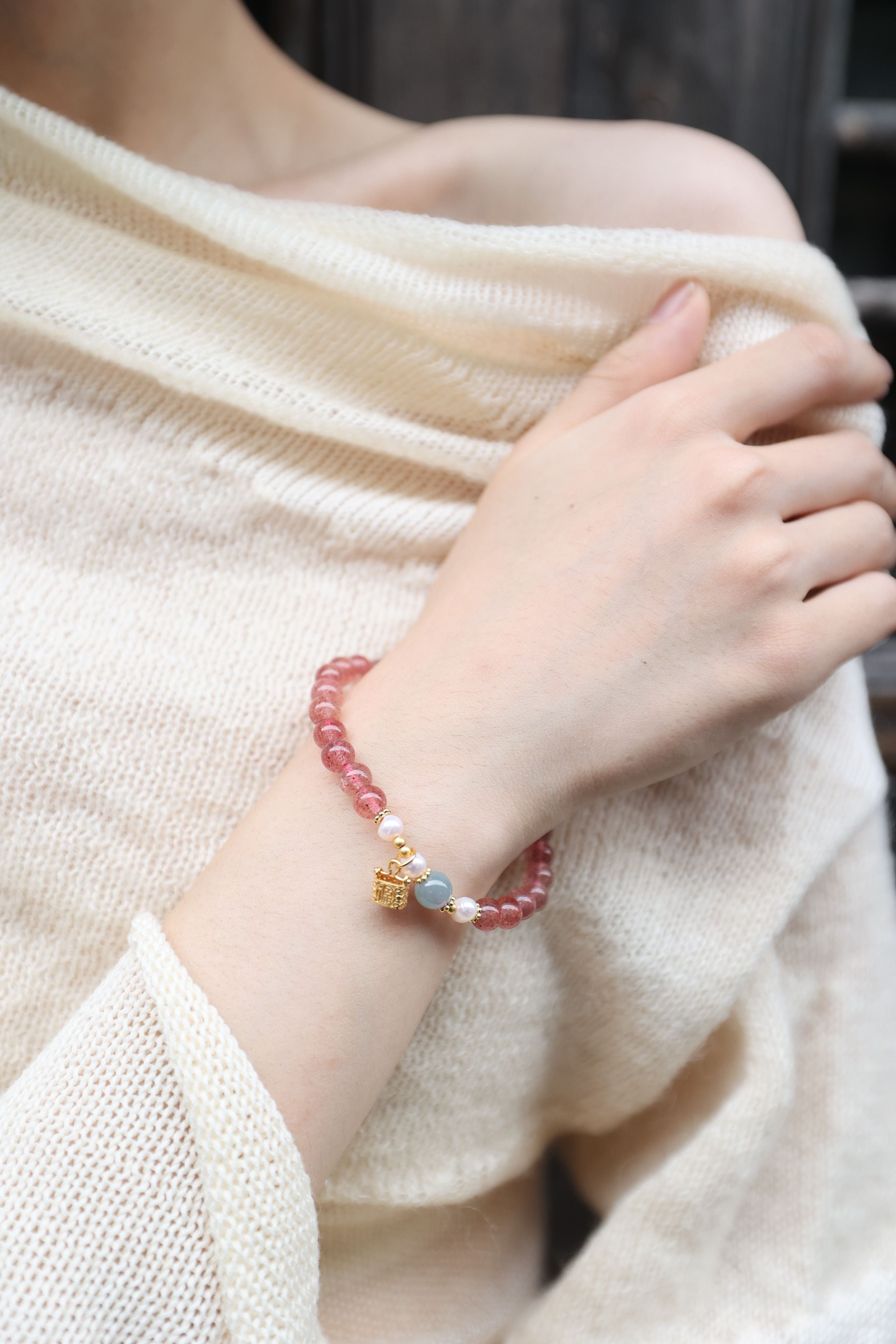 Strawberry Quartz, Jade, and Pearl Bracelet, 16cm with 8mm Beads