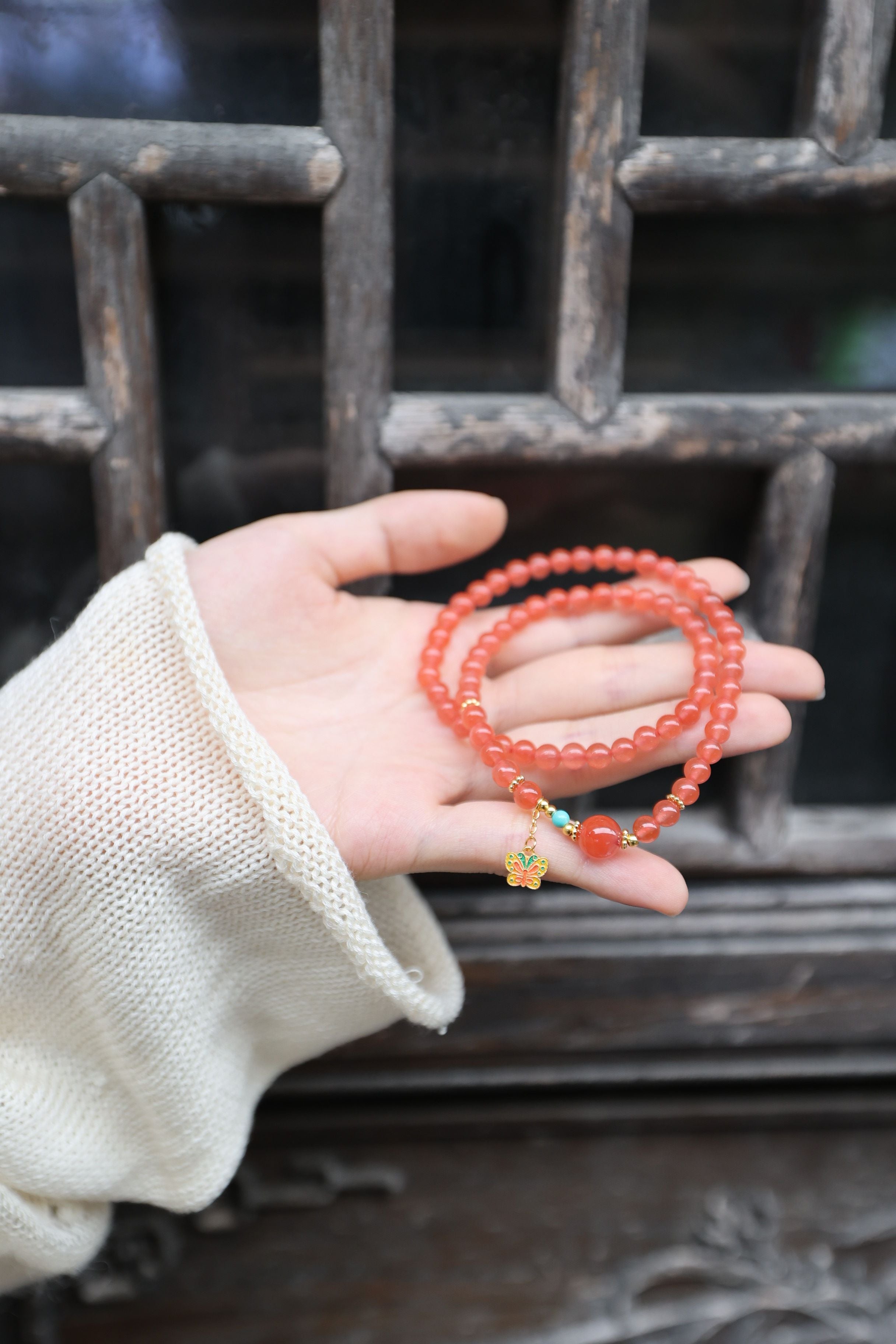 Ethereal Flame: Ice Floating Nan Hong & Turquoise Bracelet - 16cm Celestial Harmony