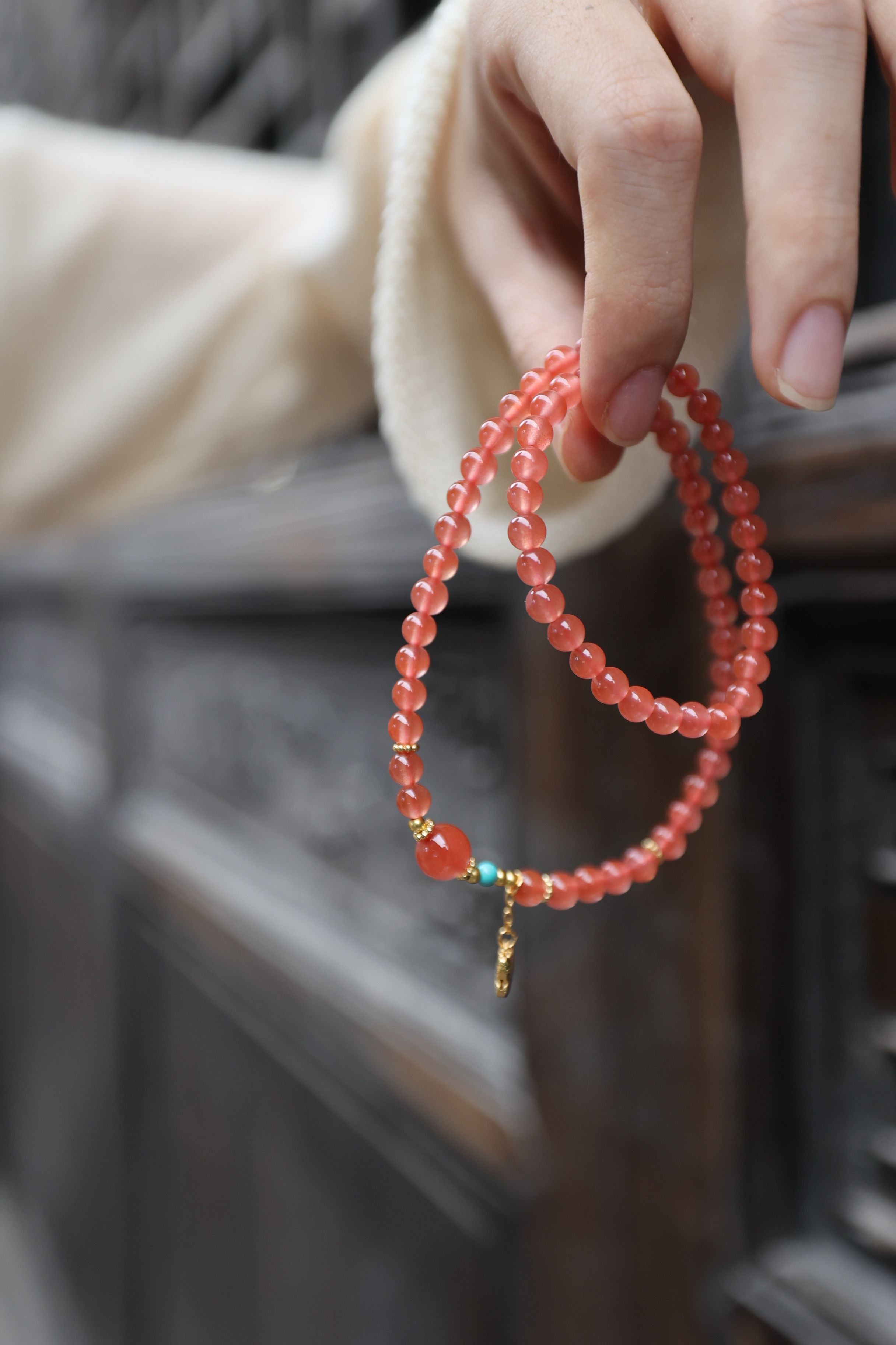 Ethereal Flame: Ice Floating Nan Hong & Turquoise Bracelet - 16cm Celestial Harmony