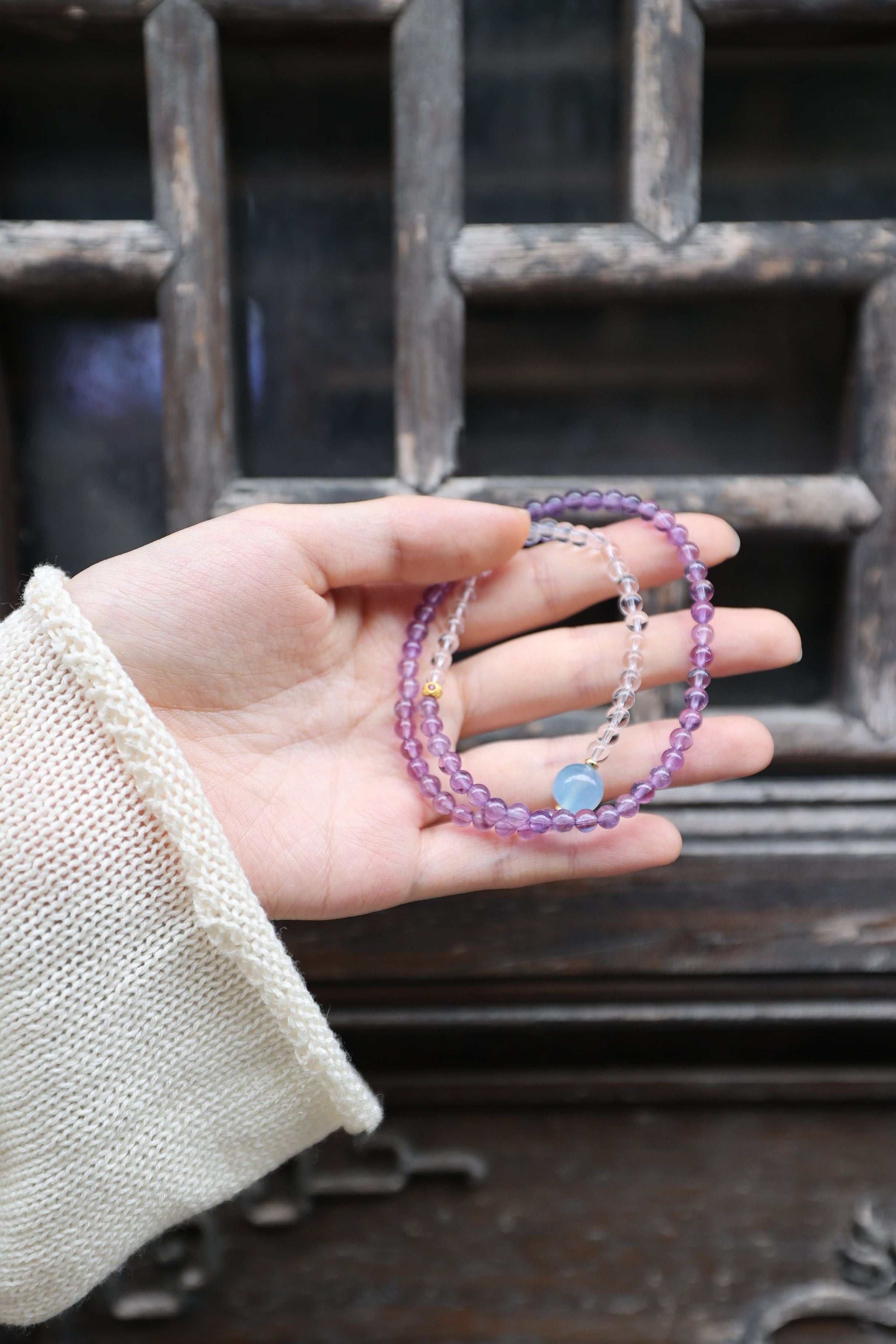 Tranquil Skies: Amethyst, Clear Quartz & Aquamarine 32cm Necklace/Wrap Bracelet