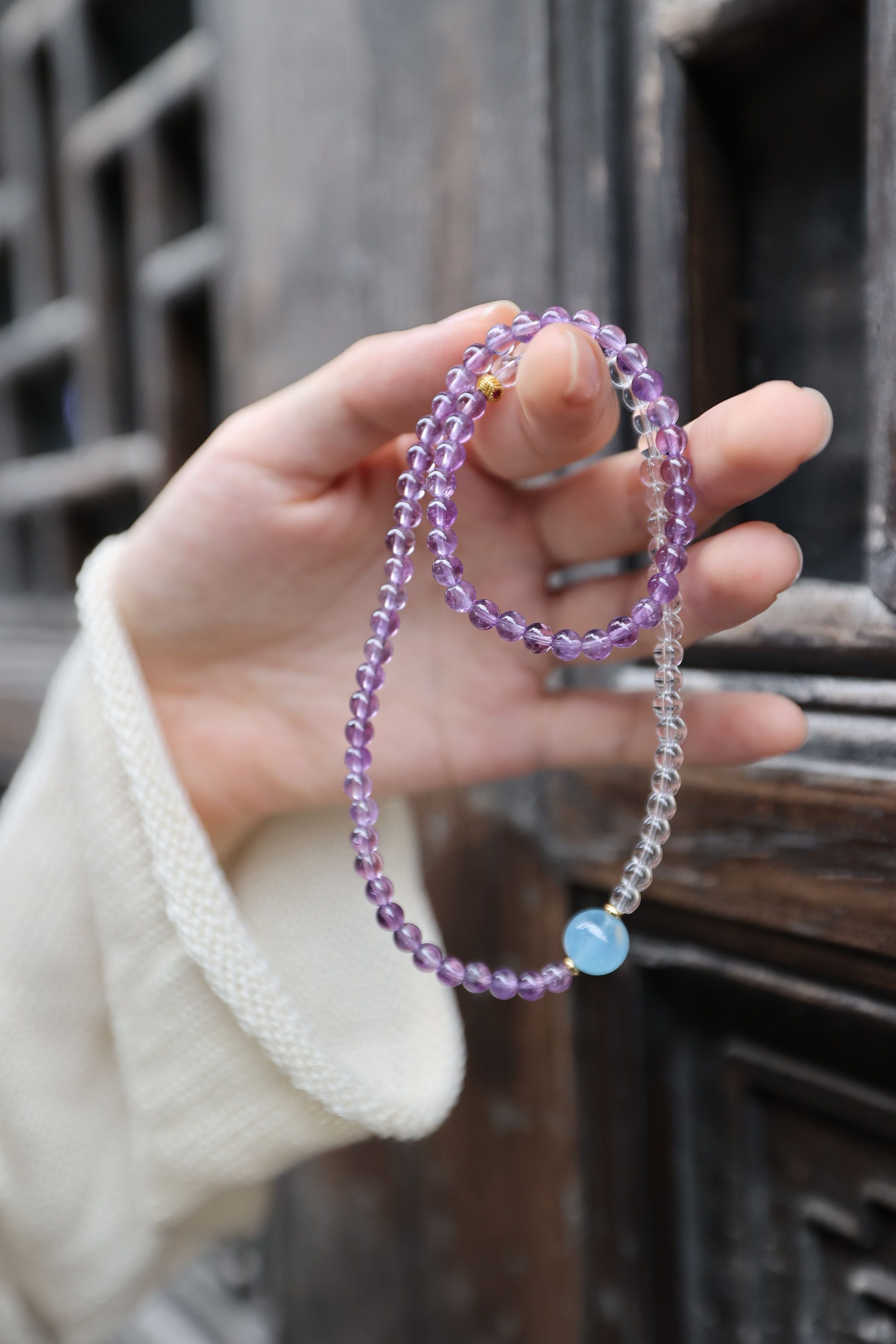 Tranquil Skies: Amethyst, Clear Quartz & Aquamarine 32cm Necklace/Wrap Bracelet