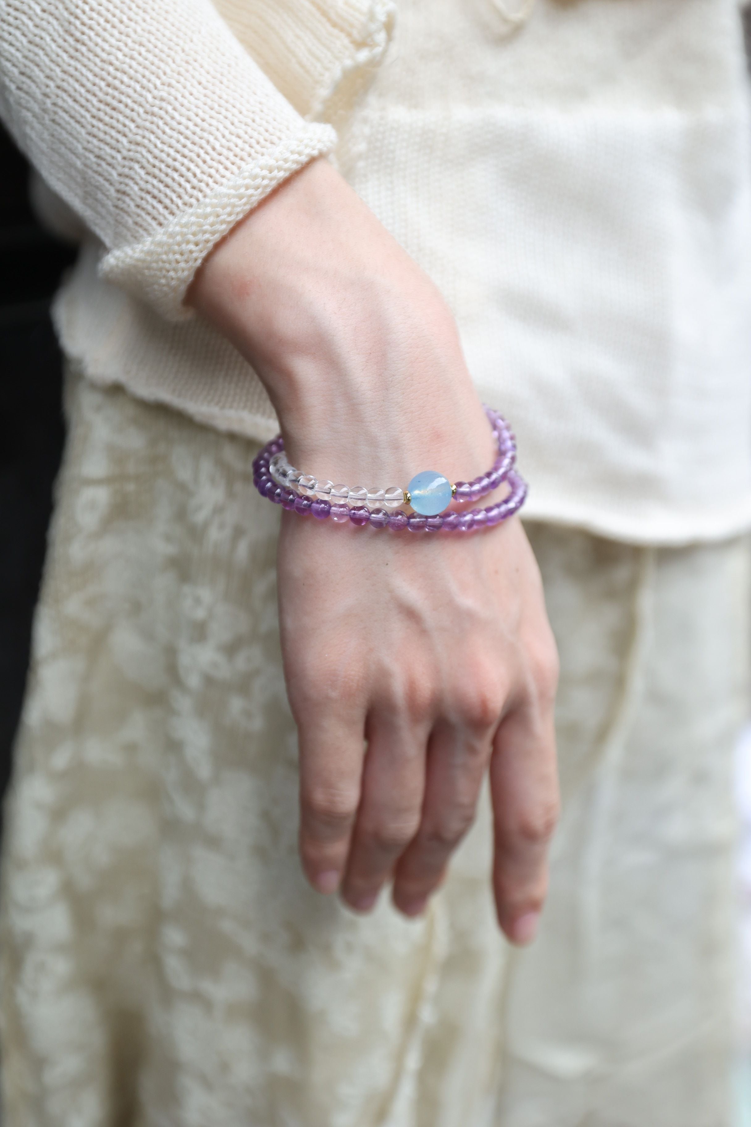 Tranquil Skies: Amethyst, Clear Quartz & Aquamarine 32cm Necklace/Wrap Bracelet