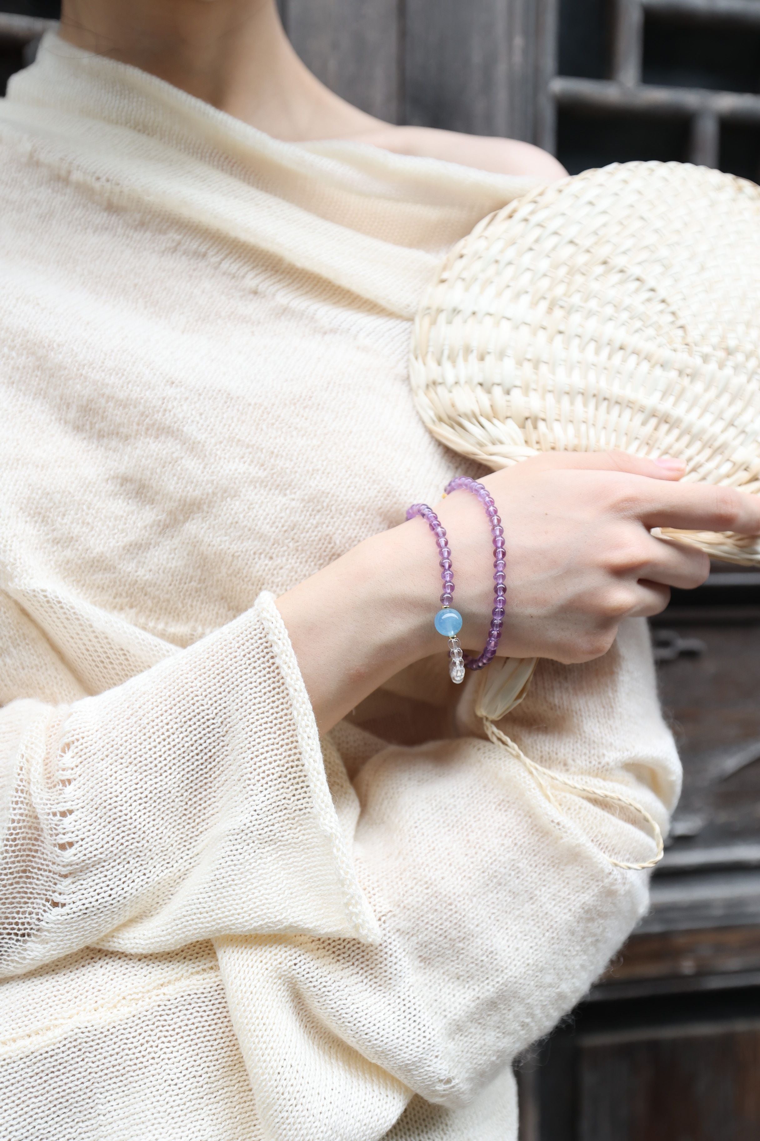 Tranquil Skies: Amethyst, Clear Quartz & Aquamarine 32cm Necklace/Wrap Bracelet