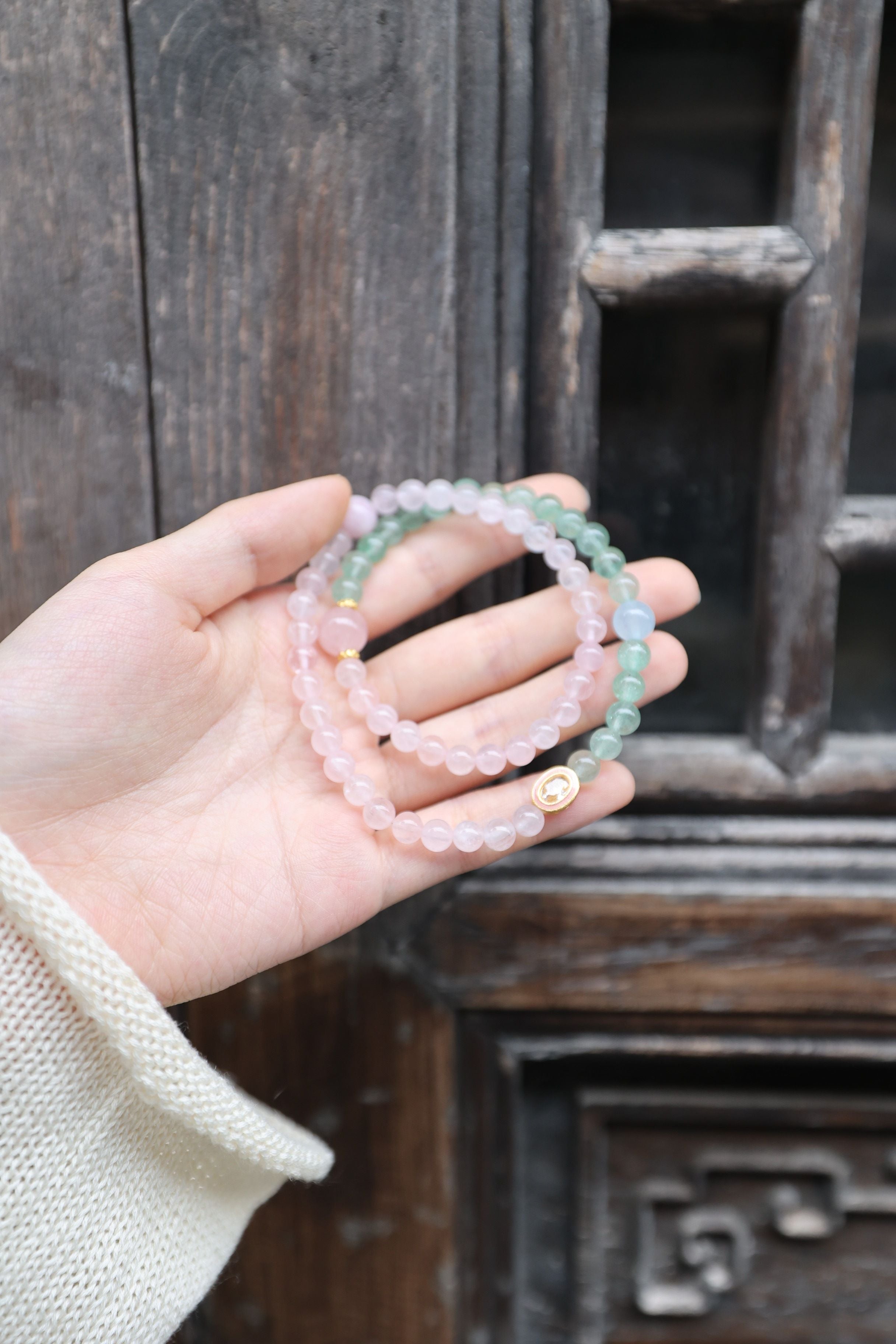 Rose Quartz, Green Strawberry Quartz, and Aquamarine Bracelet, 16cm with 8mm Beads