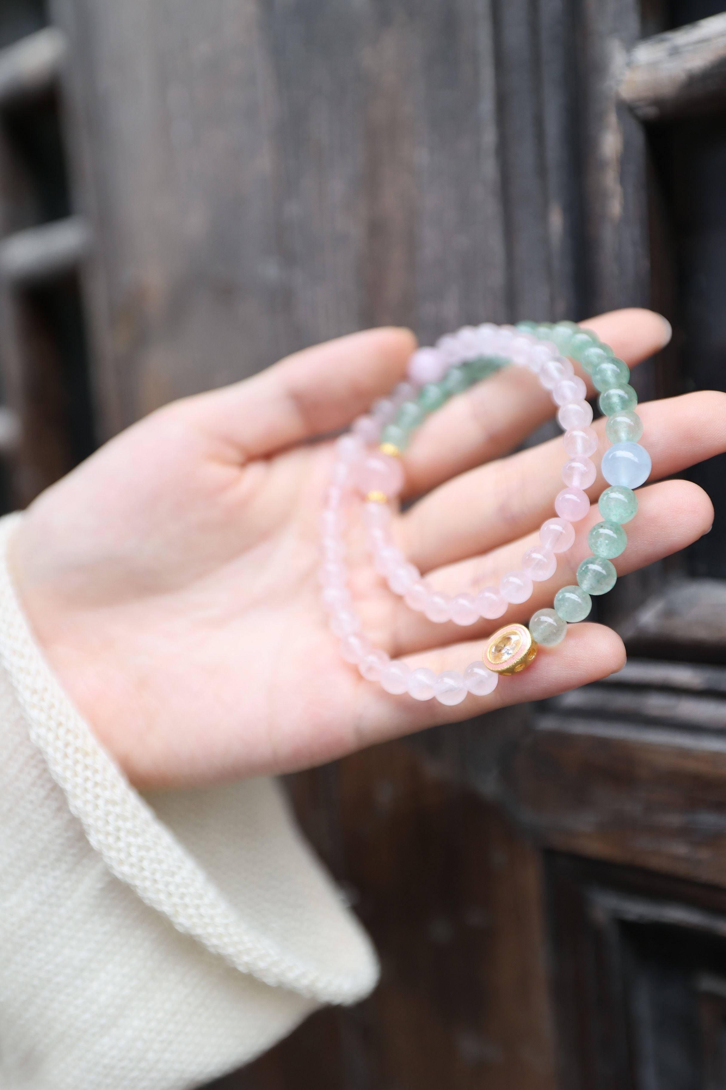 Rose Quartz, Green Strawberry Quartz, and Aquamarine Bracelet, 16cm with 8mm Beads