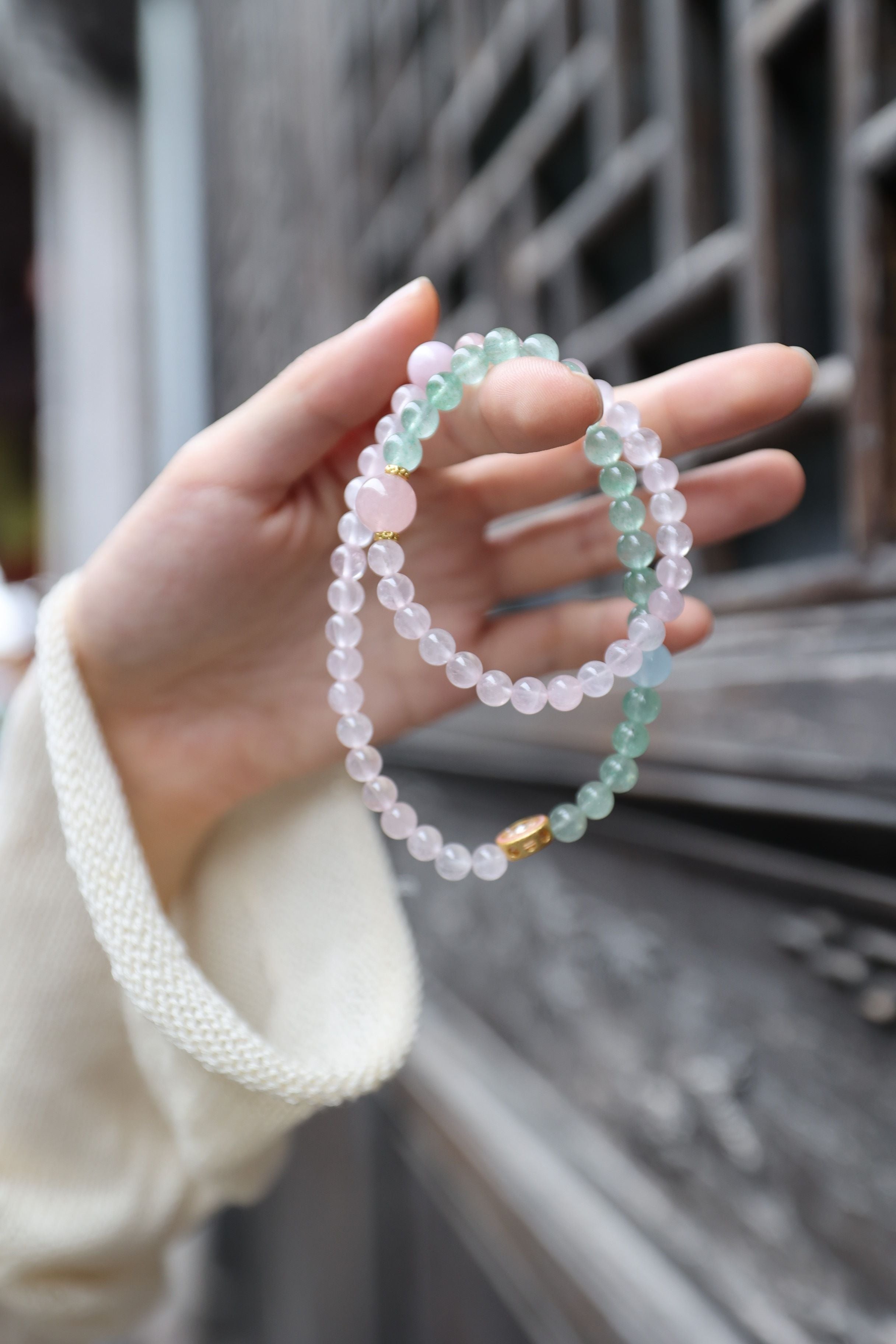 Rose Quartz, Green Strawberry Quartz, and Aquamarine Bracelet, 16cm with 8mm Beads