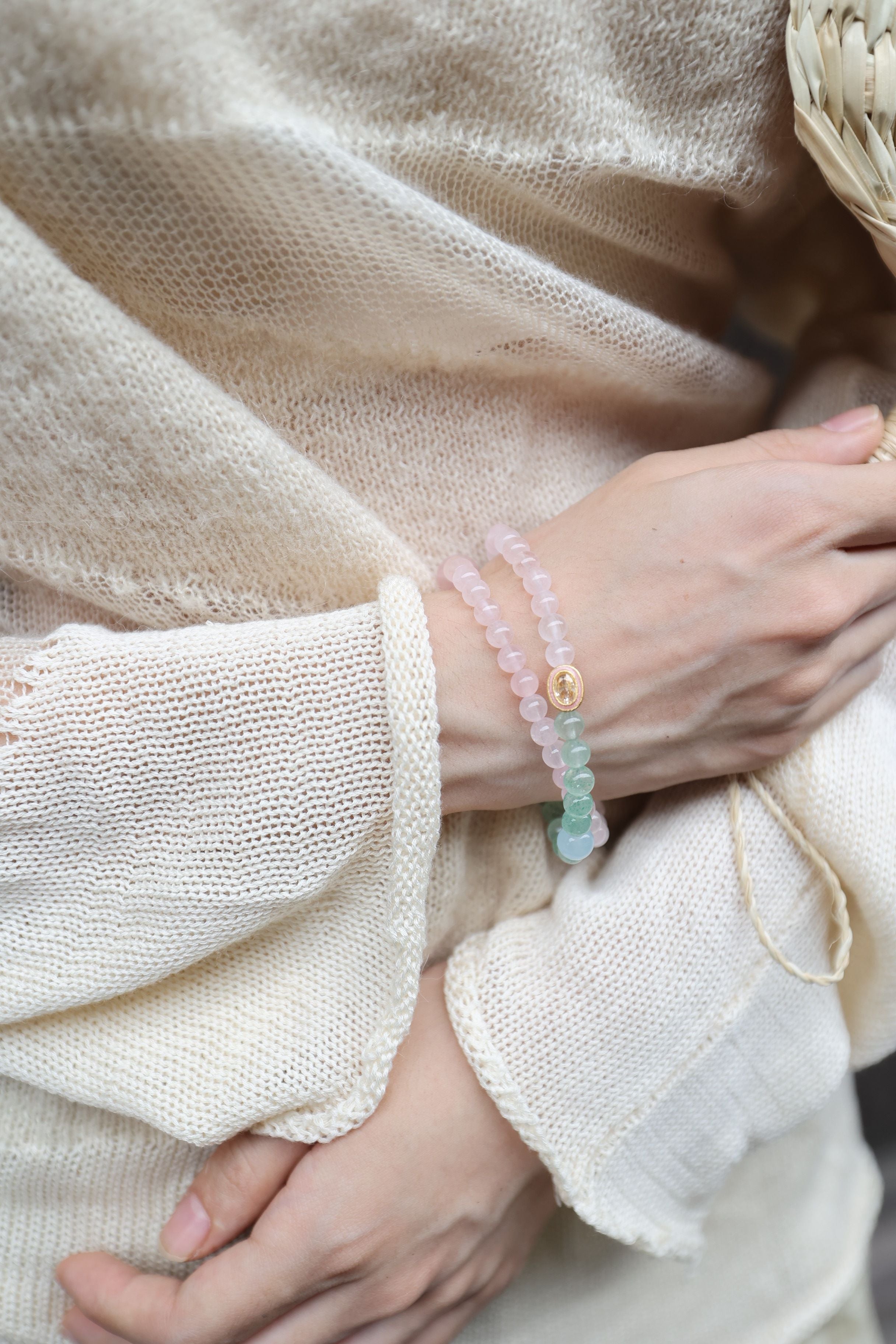 Rose Quartz, Green Strawberry Quartz, and Aquamarine Bracelet, 16cm with 8mm Beads