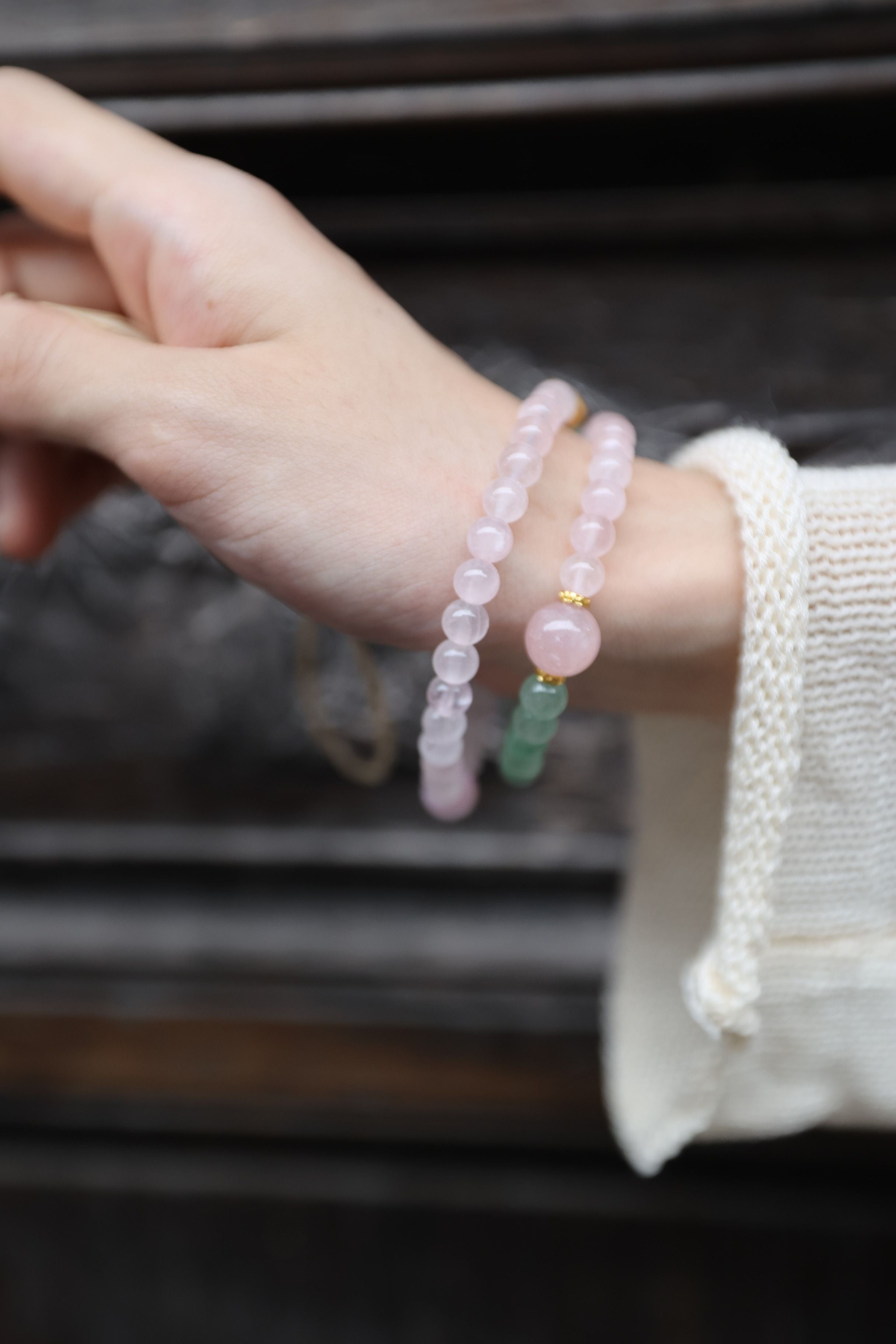 Rose Quartz, Green Strawberry Quartz, and Aquamarine Bracelet, 16cm with 8mm Beads