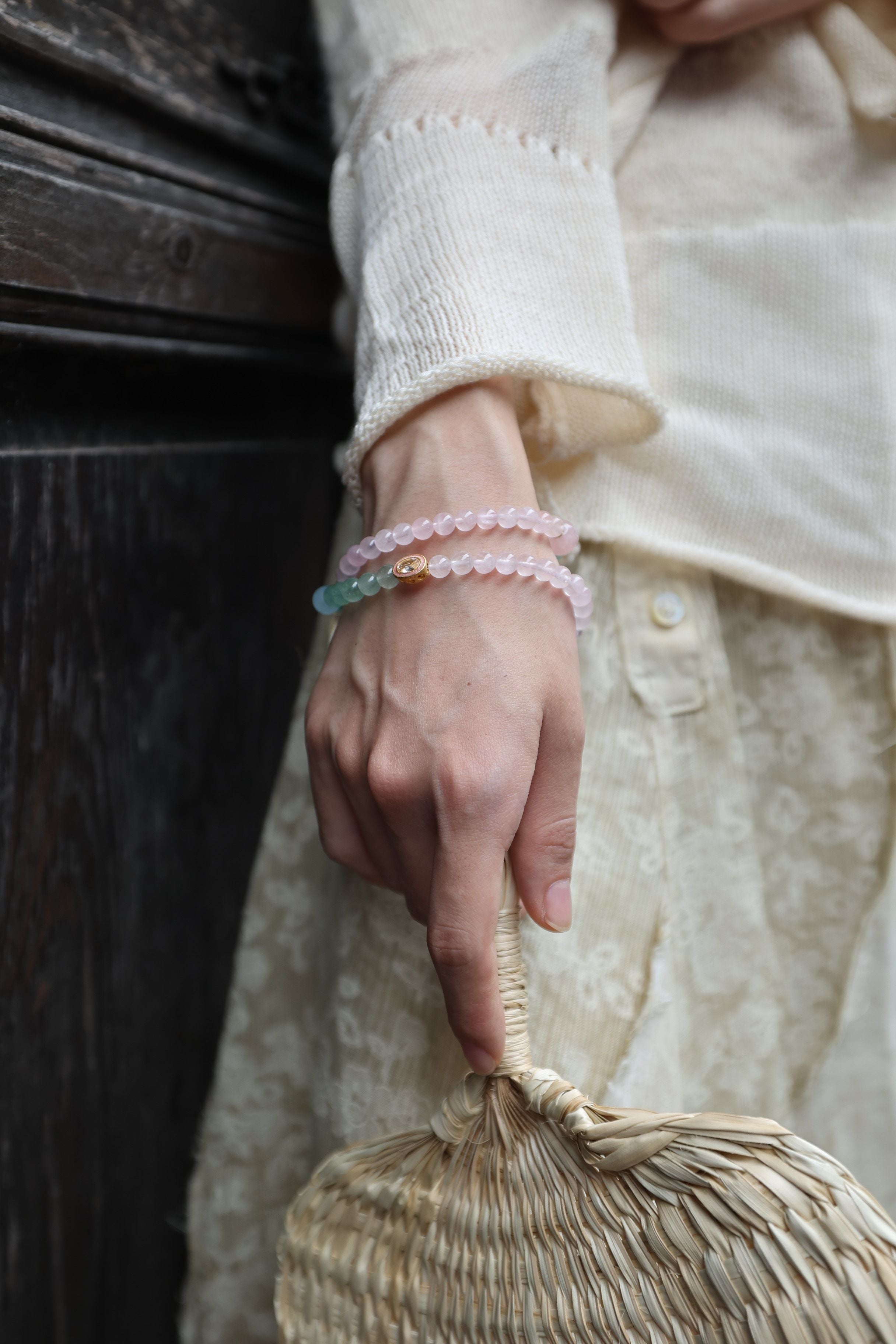 Rose Quartz, Green Strawberry Quartz, and Aquamarine Bracelet, 16cm with 8mm Beads