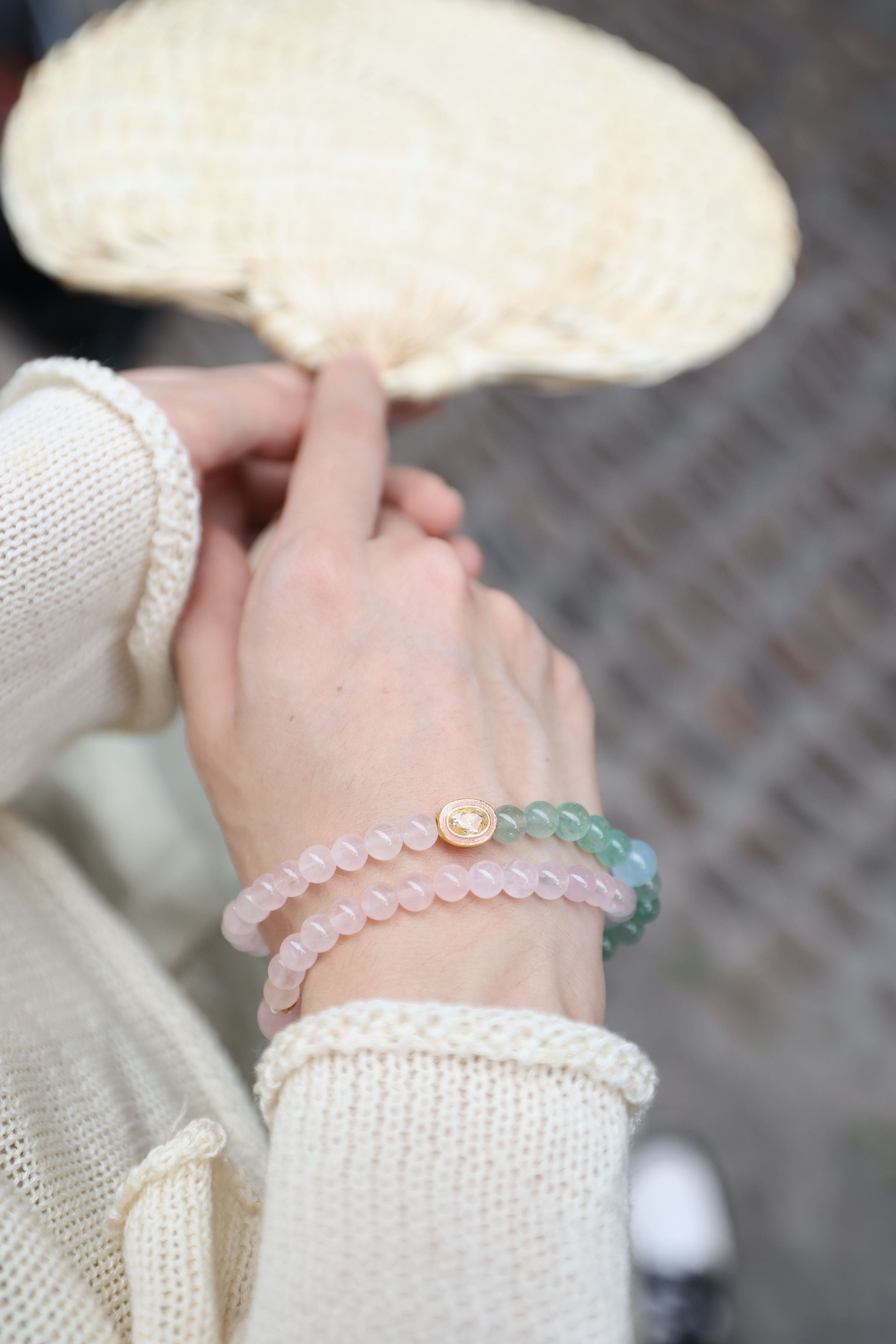 Rose Quartz, Green Strawberry Quartz, and Aquamarine Bracelet, 16cm with 8mm Beads