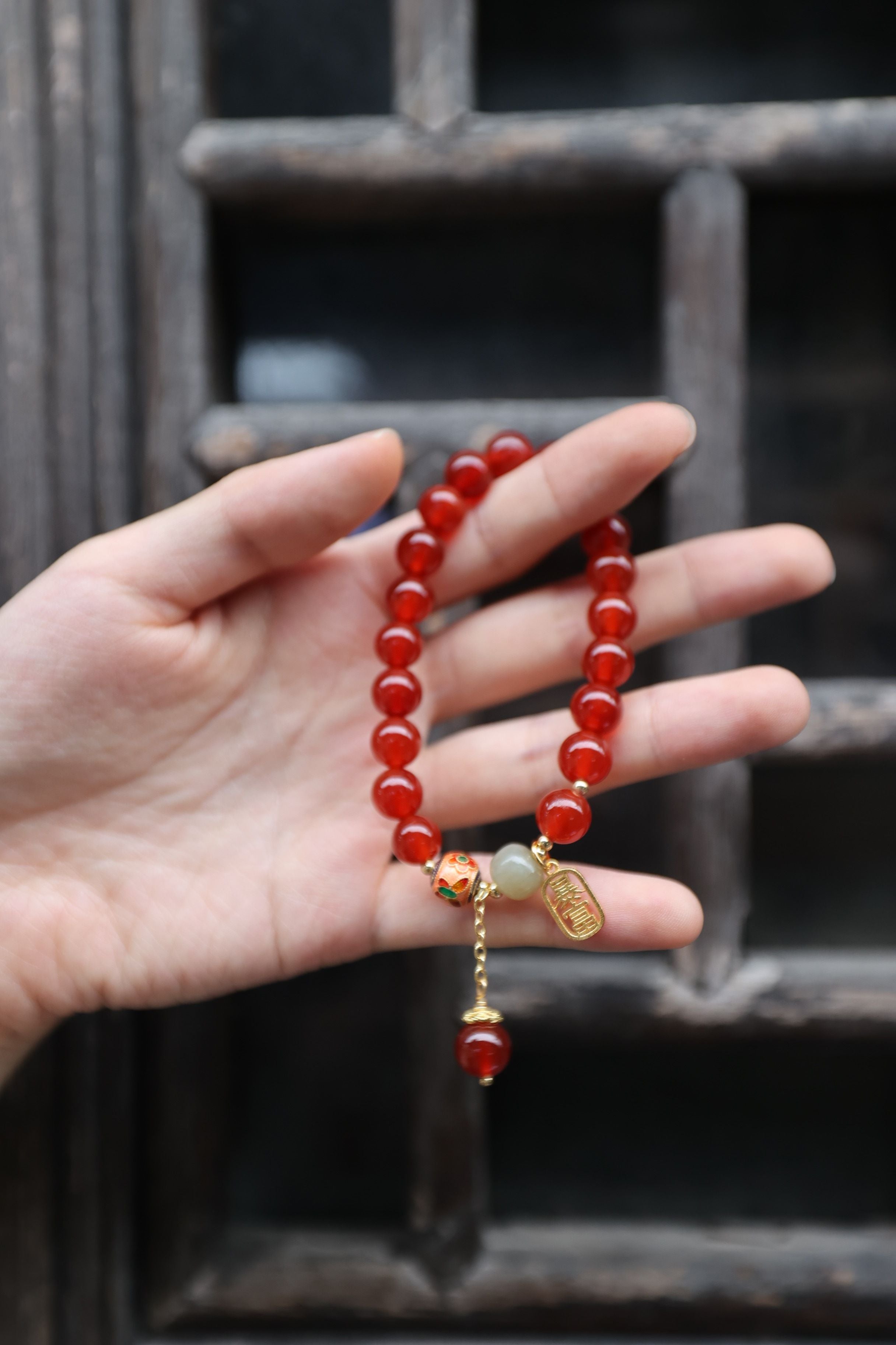 Red Agate and Hetian Jade Elastic Bracelet