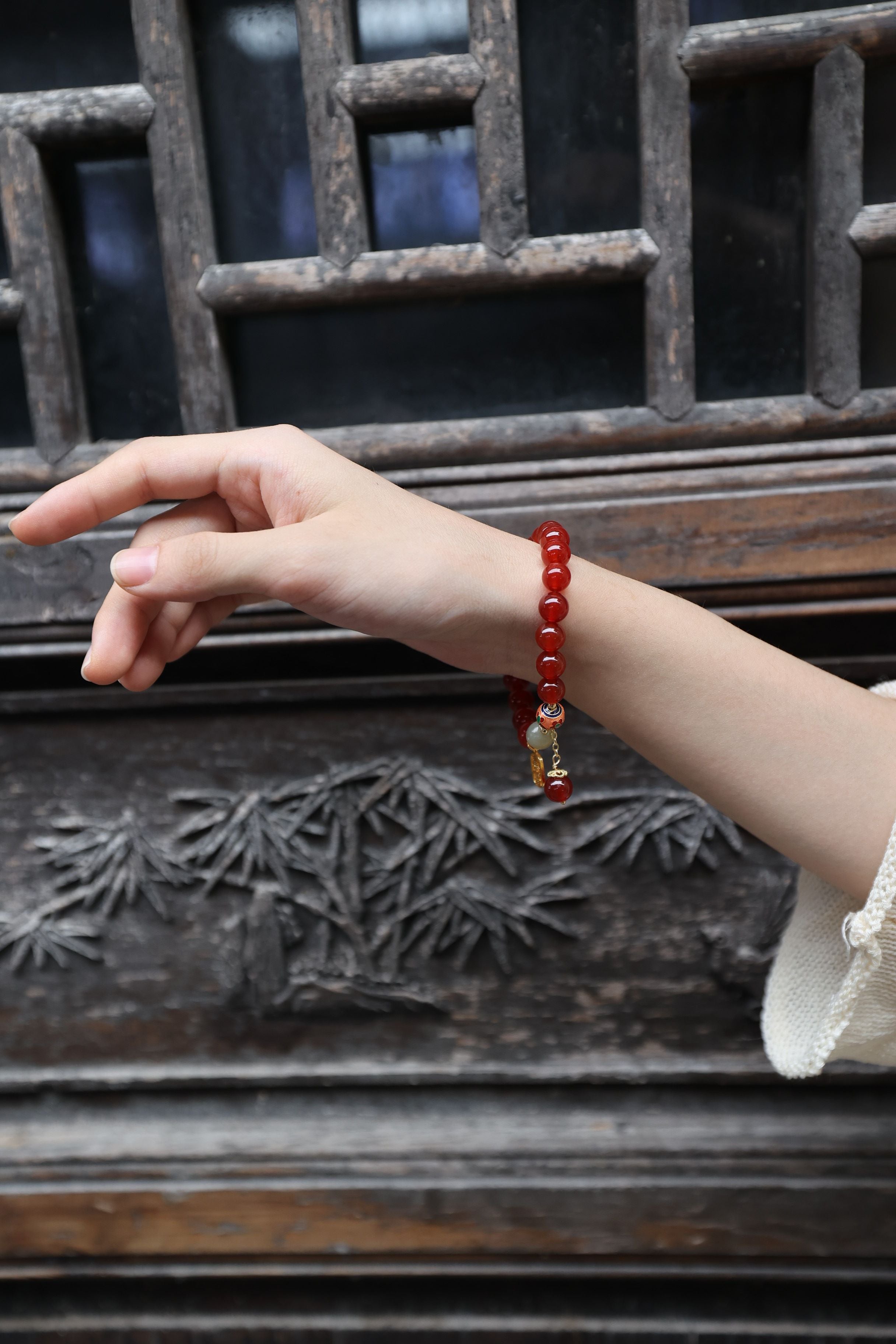 Red Agate and Hetian Jade Elastic Bracelet