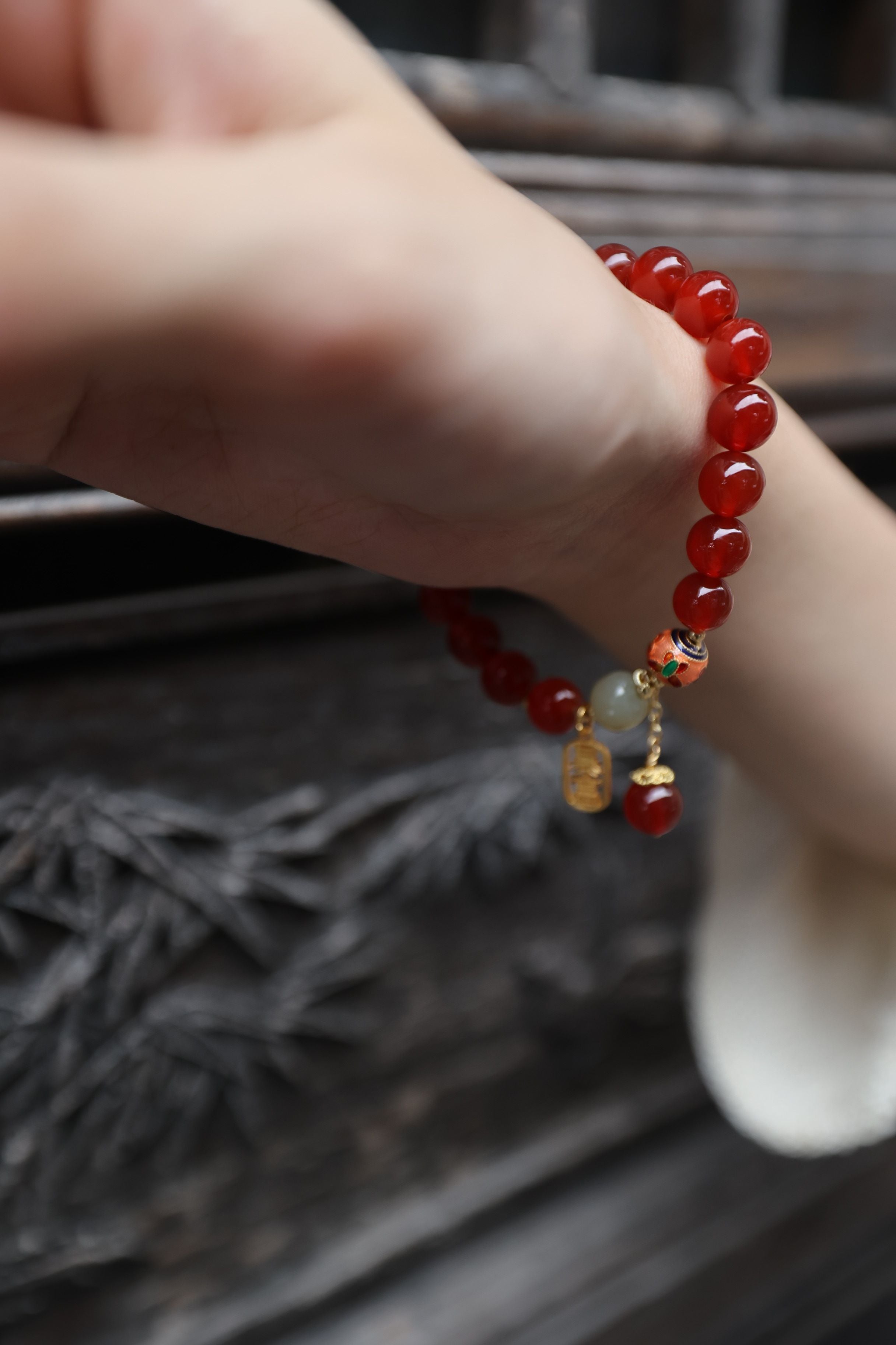 Red Agate and Hetian Jade Elastic Bracelet