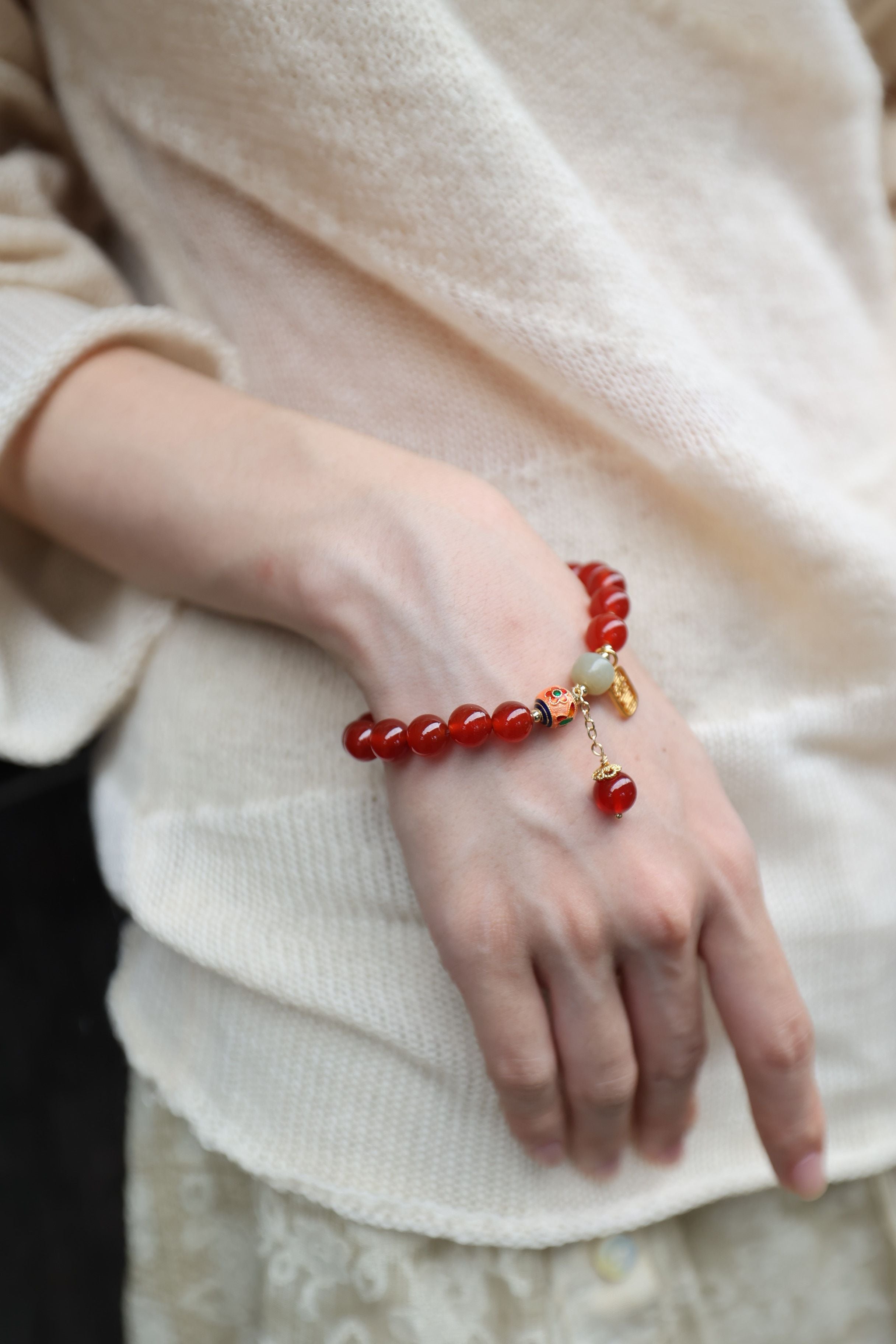 Red Agate and Hetian Jade Elastic Bracelet