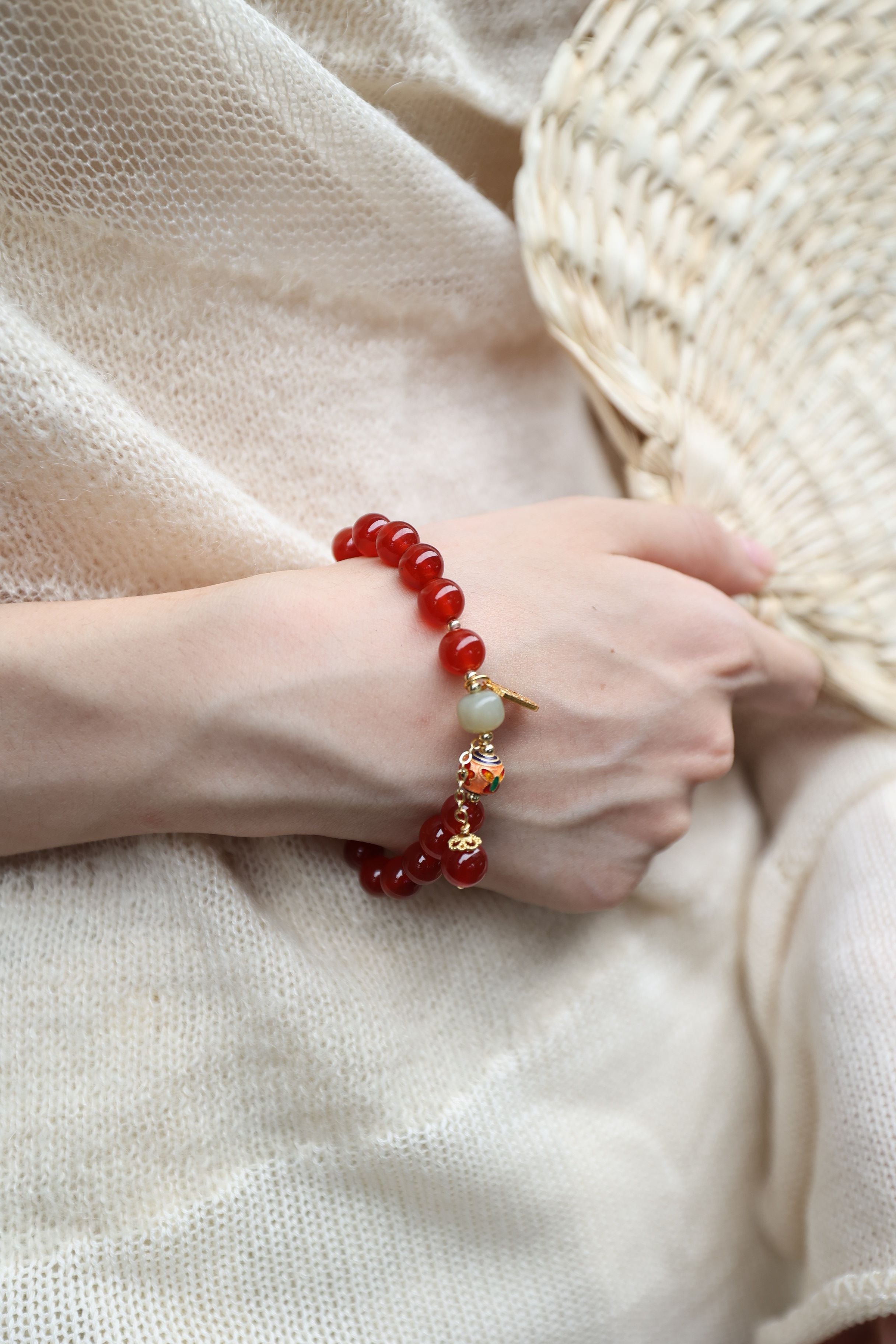 Red Agate and Hetian Jade Elastic Bracelet