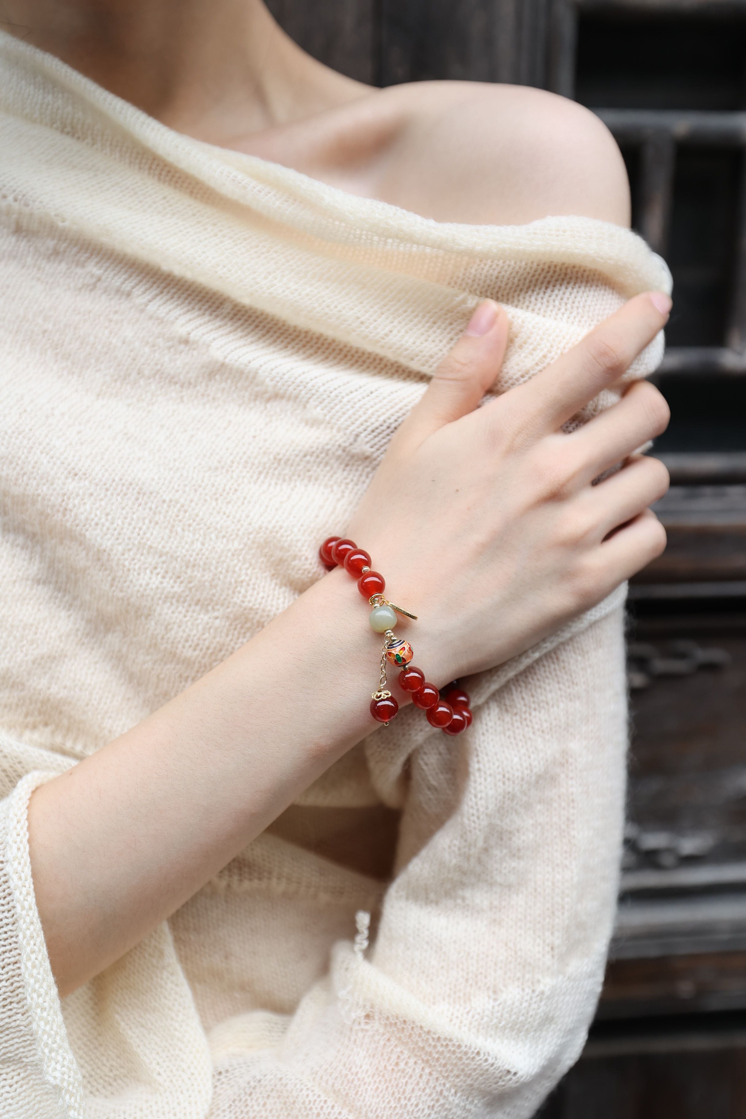 Red Agate and Hetian Jade Elastic Bracelet