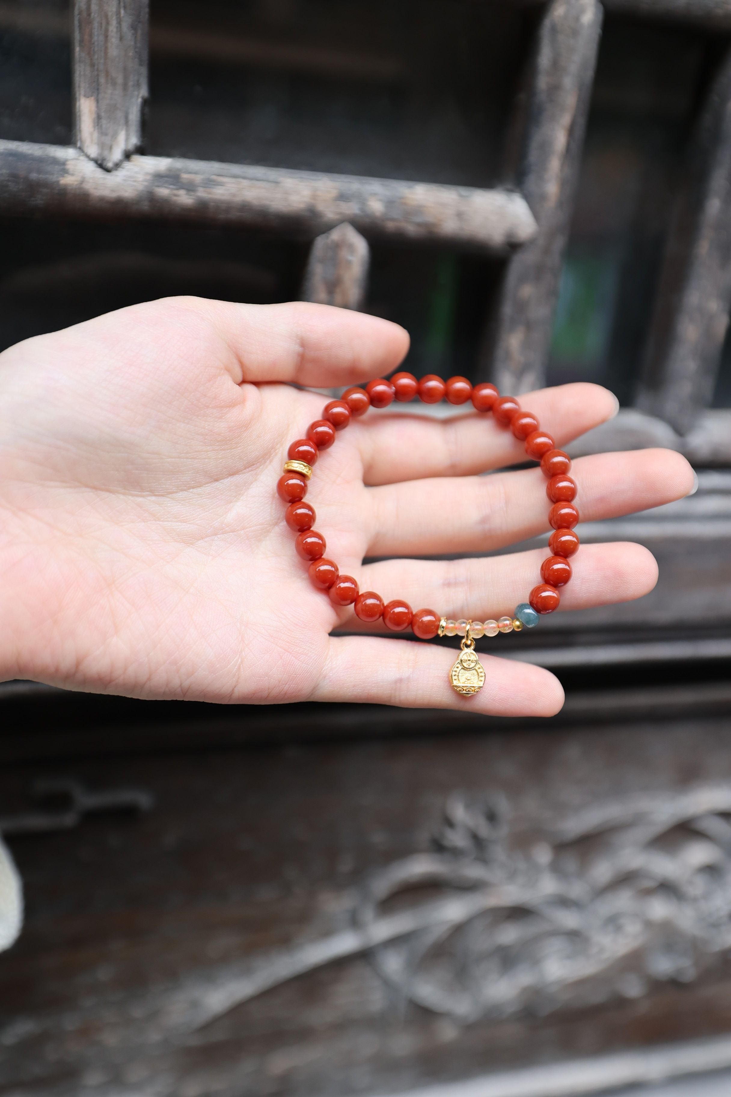 Exquisite Red Agate, Jade, and Rutilated Quartz Bracelet, 16cm with 7mm Beads