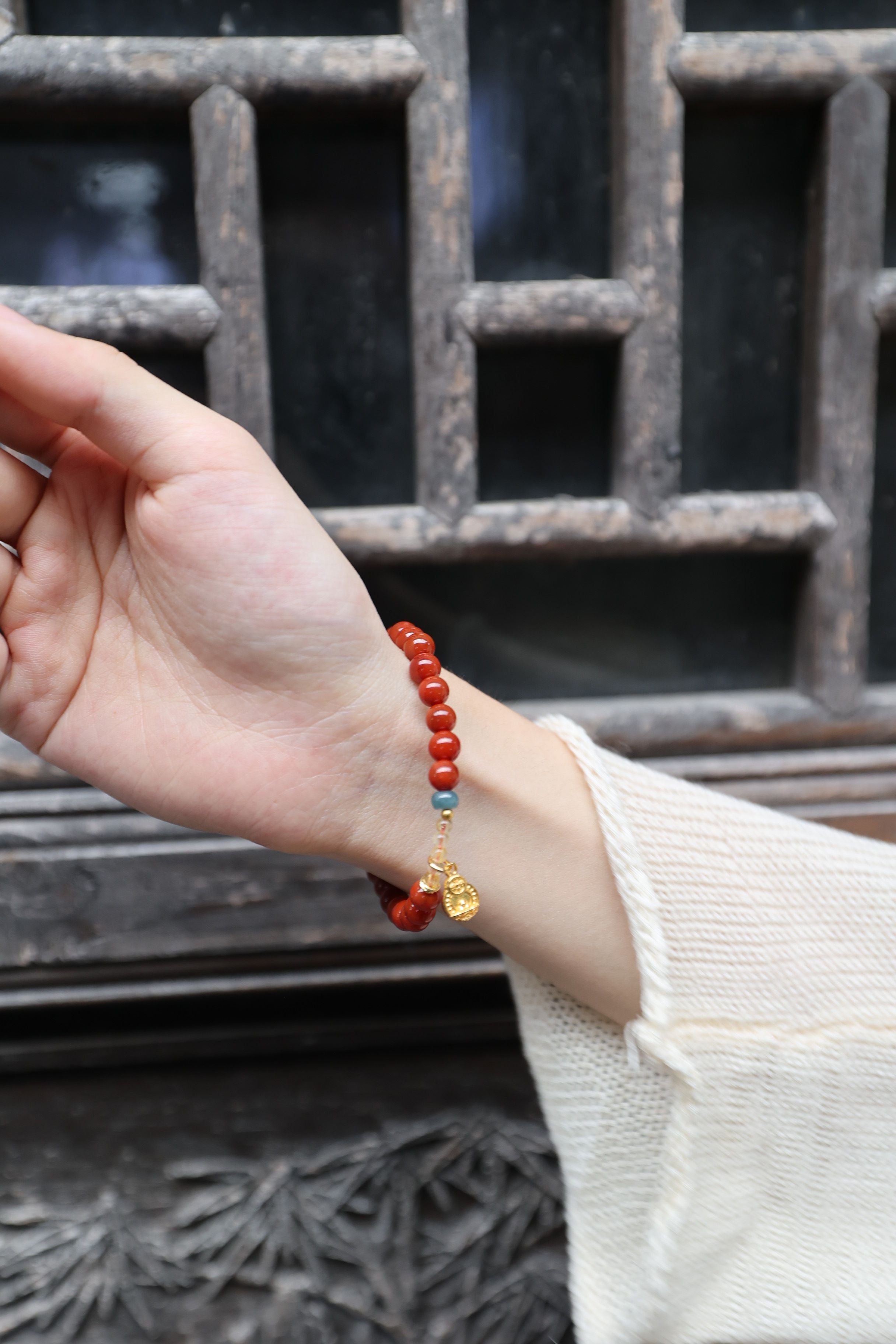 Exquisite Red Agate, Jade, and Rutilated Quartz Bracelet, 16cm with 7mm Beads