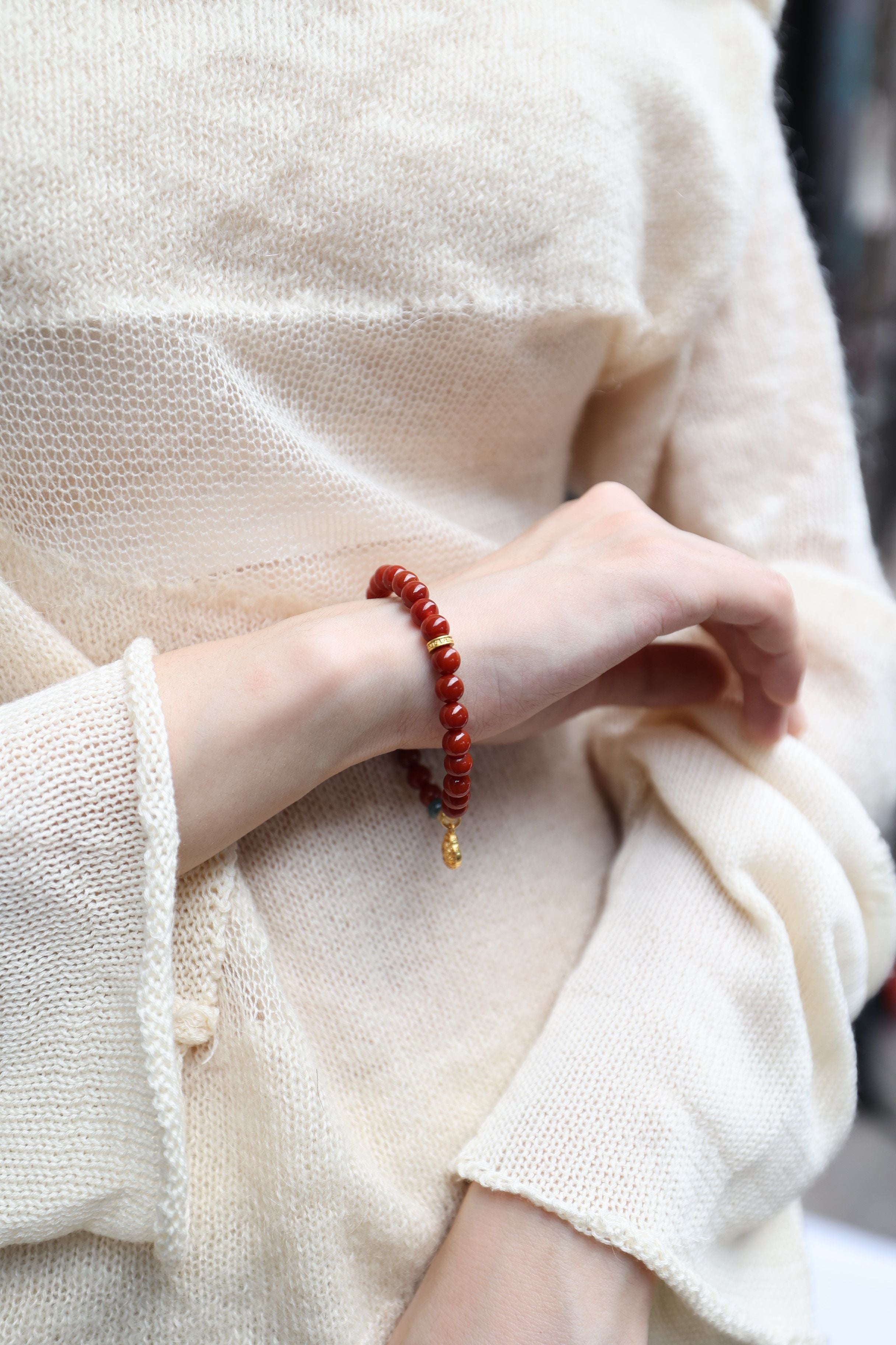 Exquisite Red Agate, Jade, and Rutilated Quartz Bracelet, 16cm with 7mm Beads