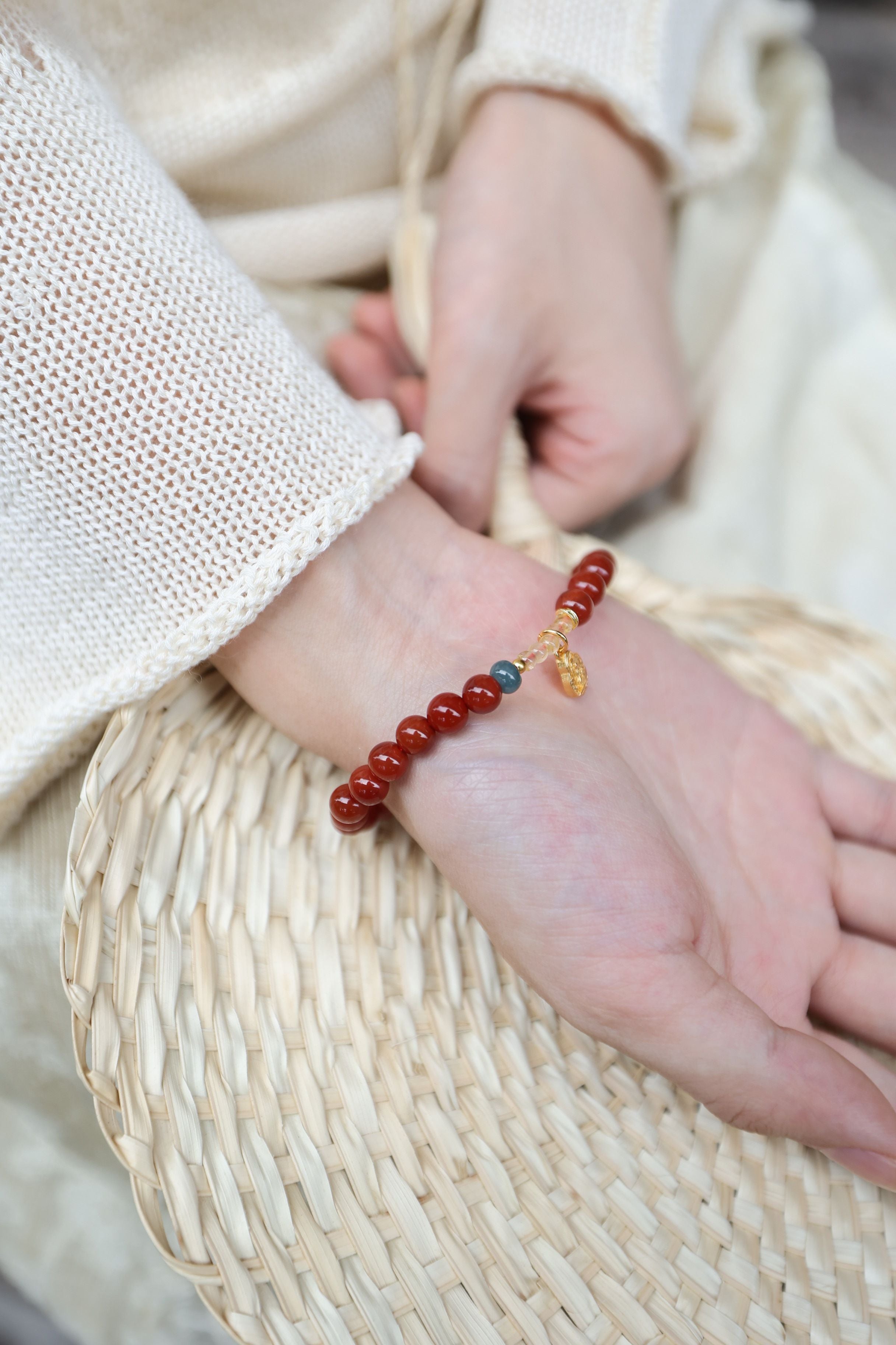 Exquisite Red Agate, Jade, and Rutilated Quartz Bracelet, 16cm with 7mm Beads