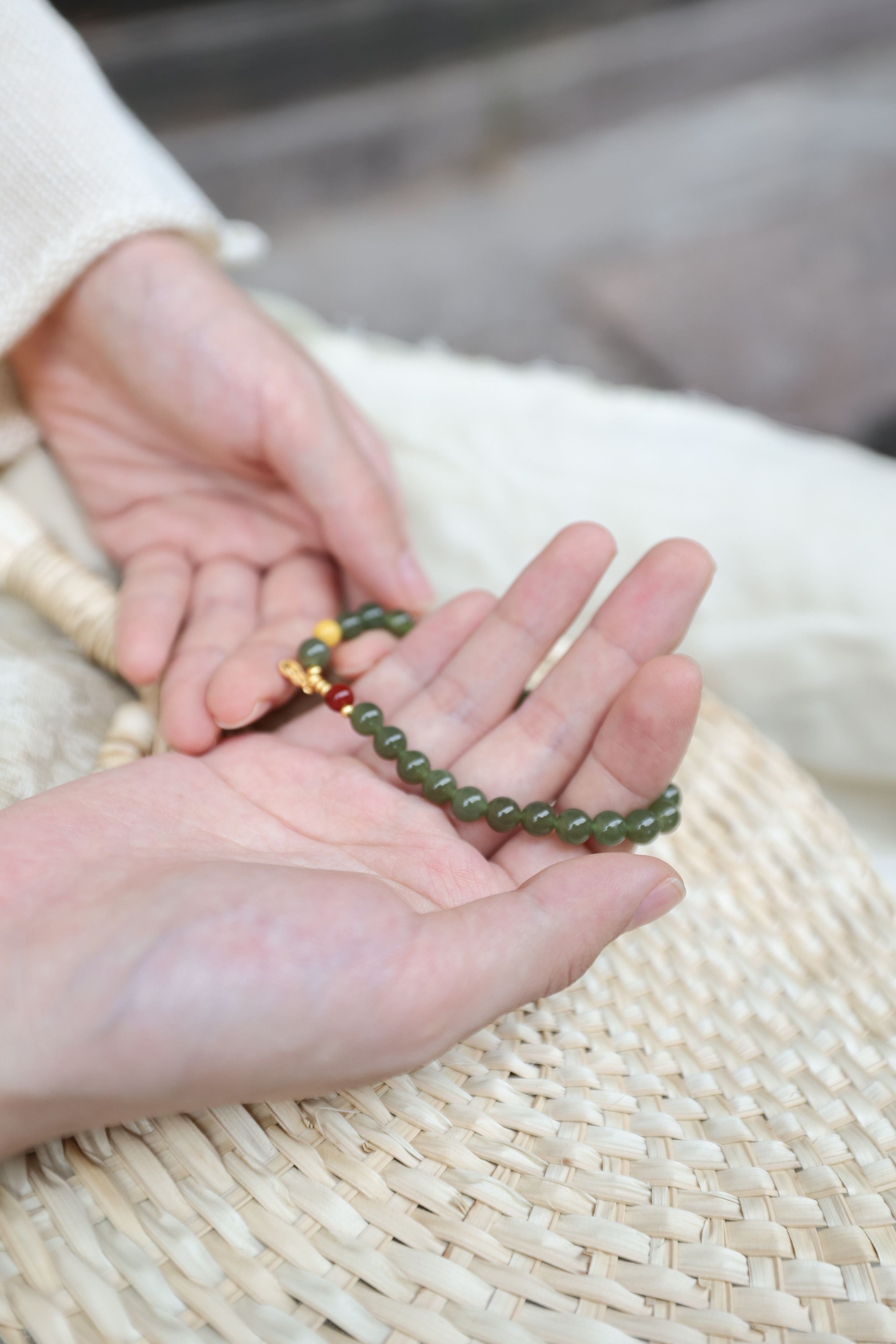 Green Jade and 925 Silver Elastic Bracelet