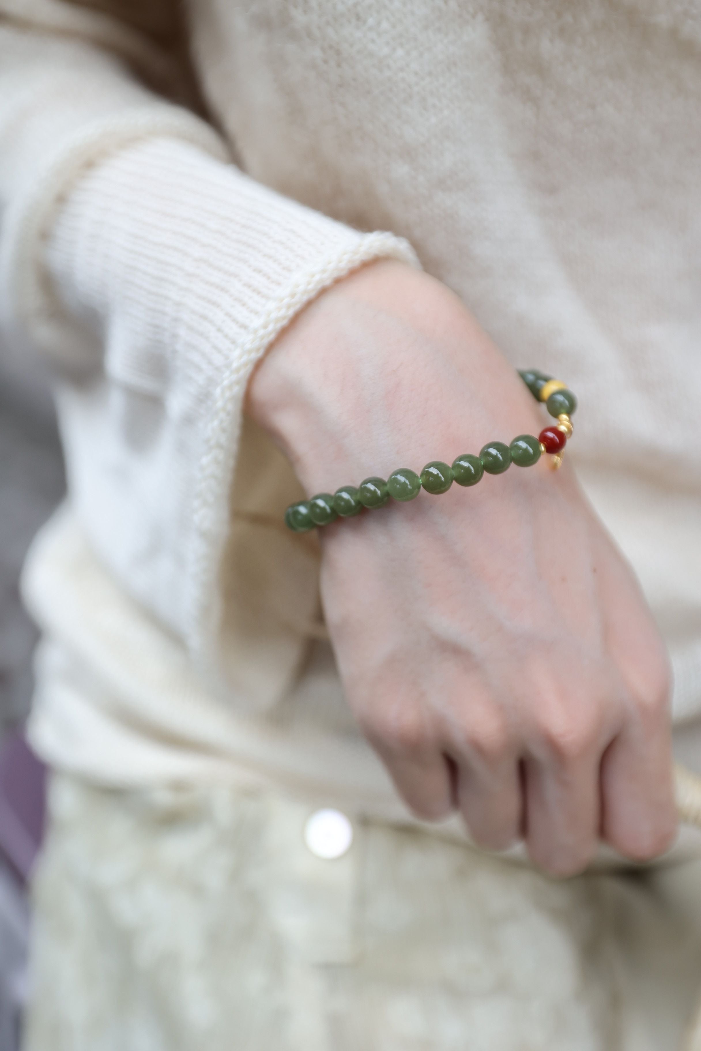 Green Jade and 925 Silver Elastic Bracelet