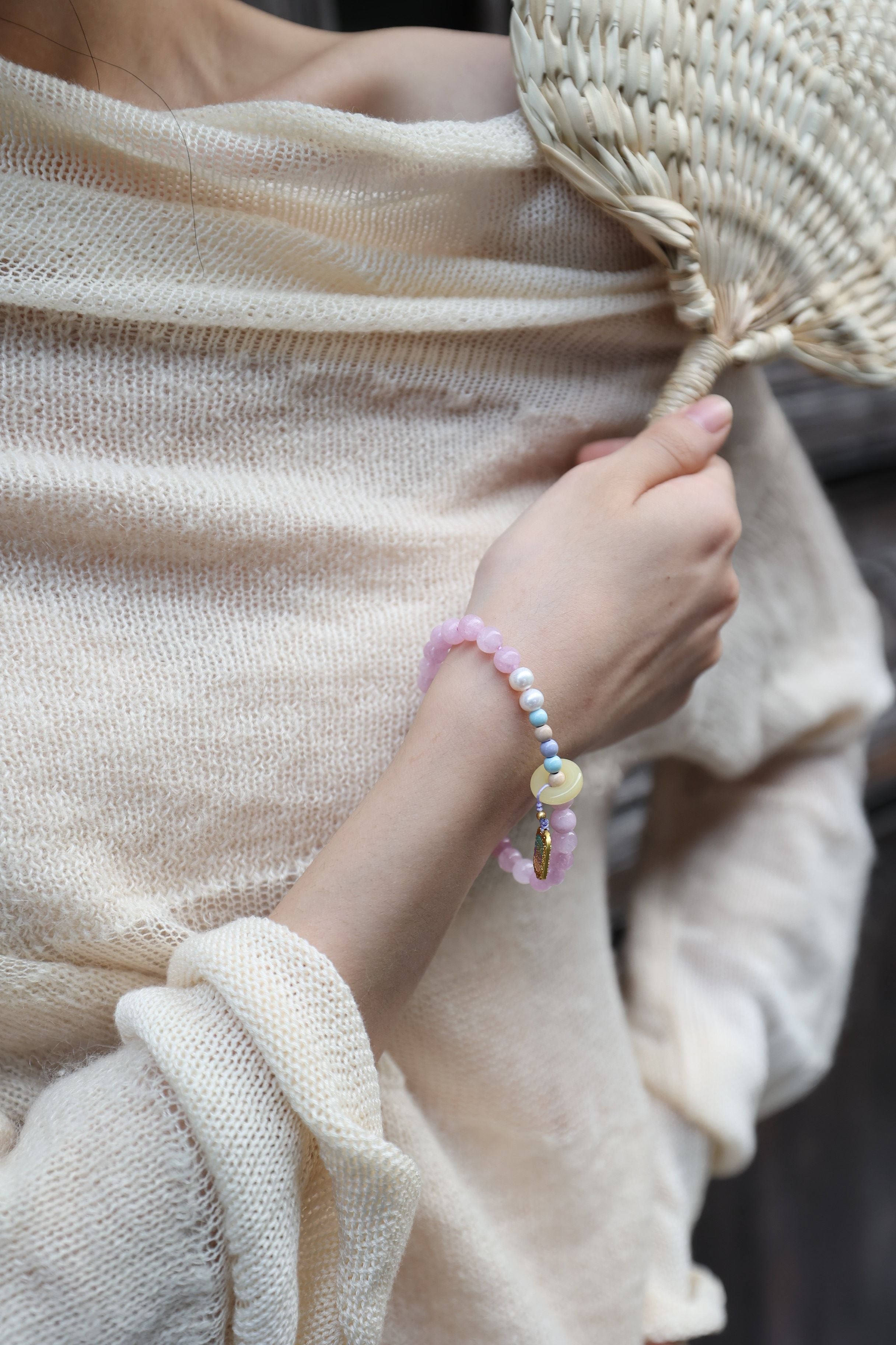 Ethereal Harmony: Kunzite, Pearl & Bodhi 32cm Necklace/Wrap Bracelet