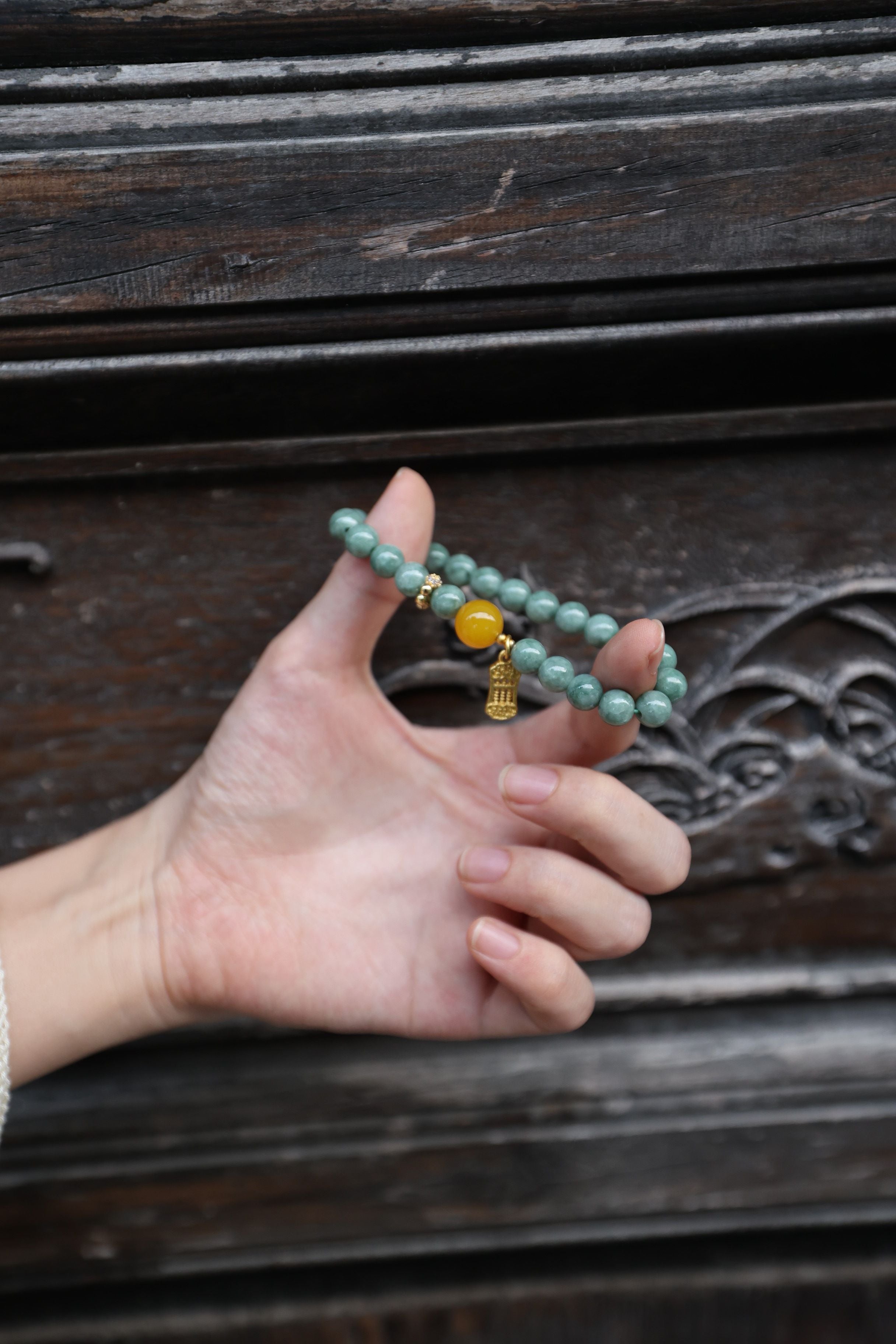 Jade and Yellow Agate Bracelet, 16cm with 8mm Beads