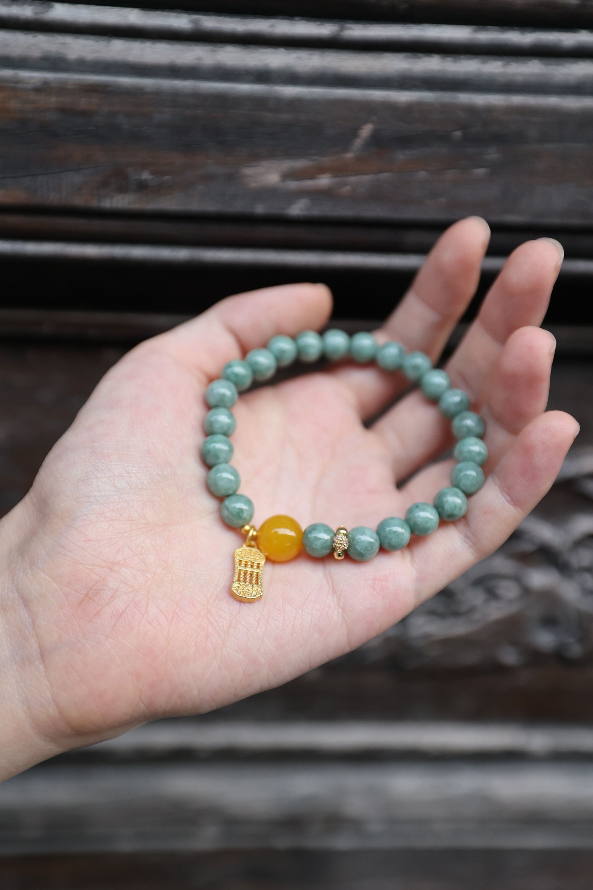 Jade and Yellow Agate Bracelet, 16cm with 8mm Beads