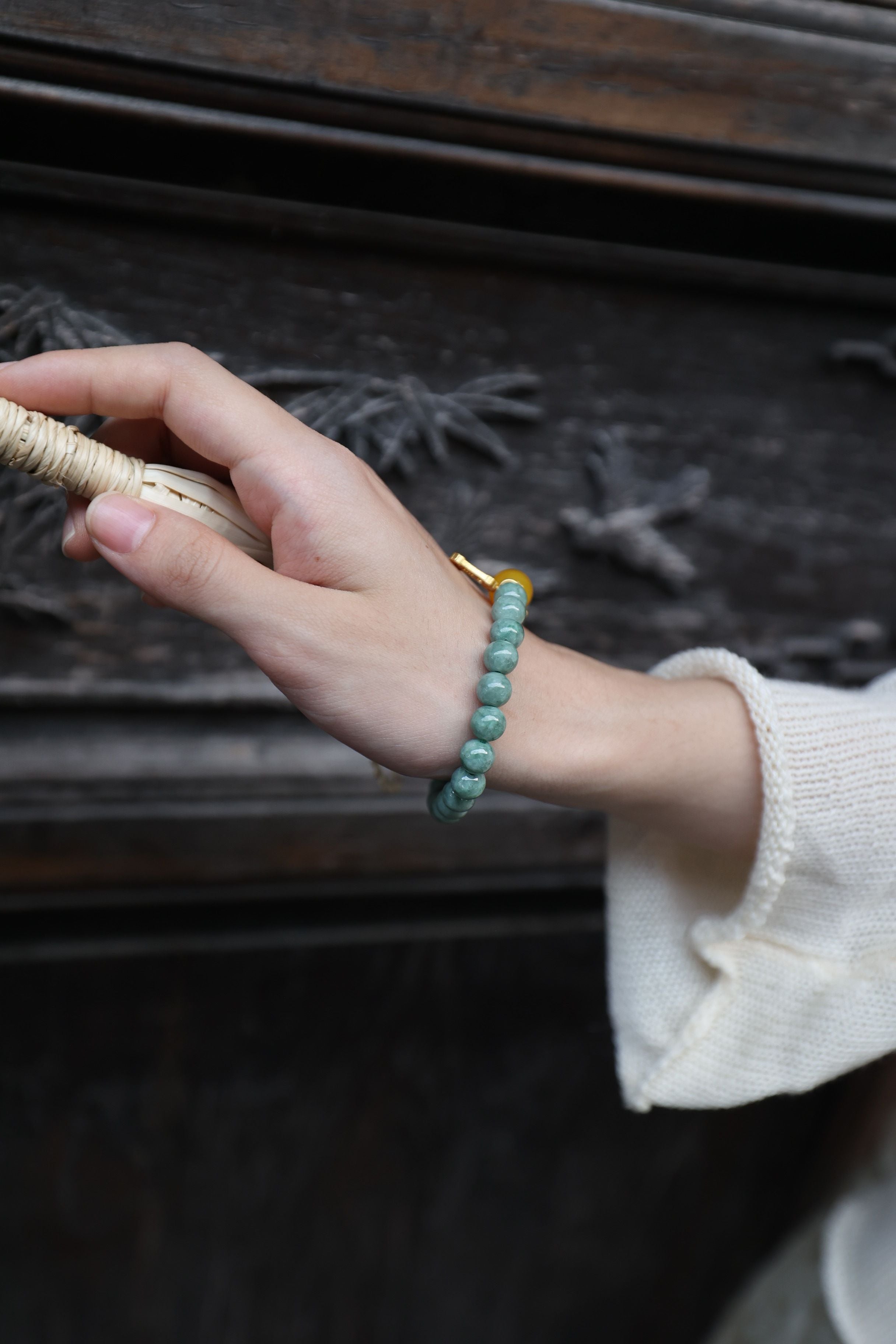 Jade and Yellow Agate Bracelet, 16cm with 8mm Beads