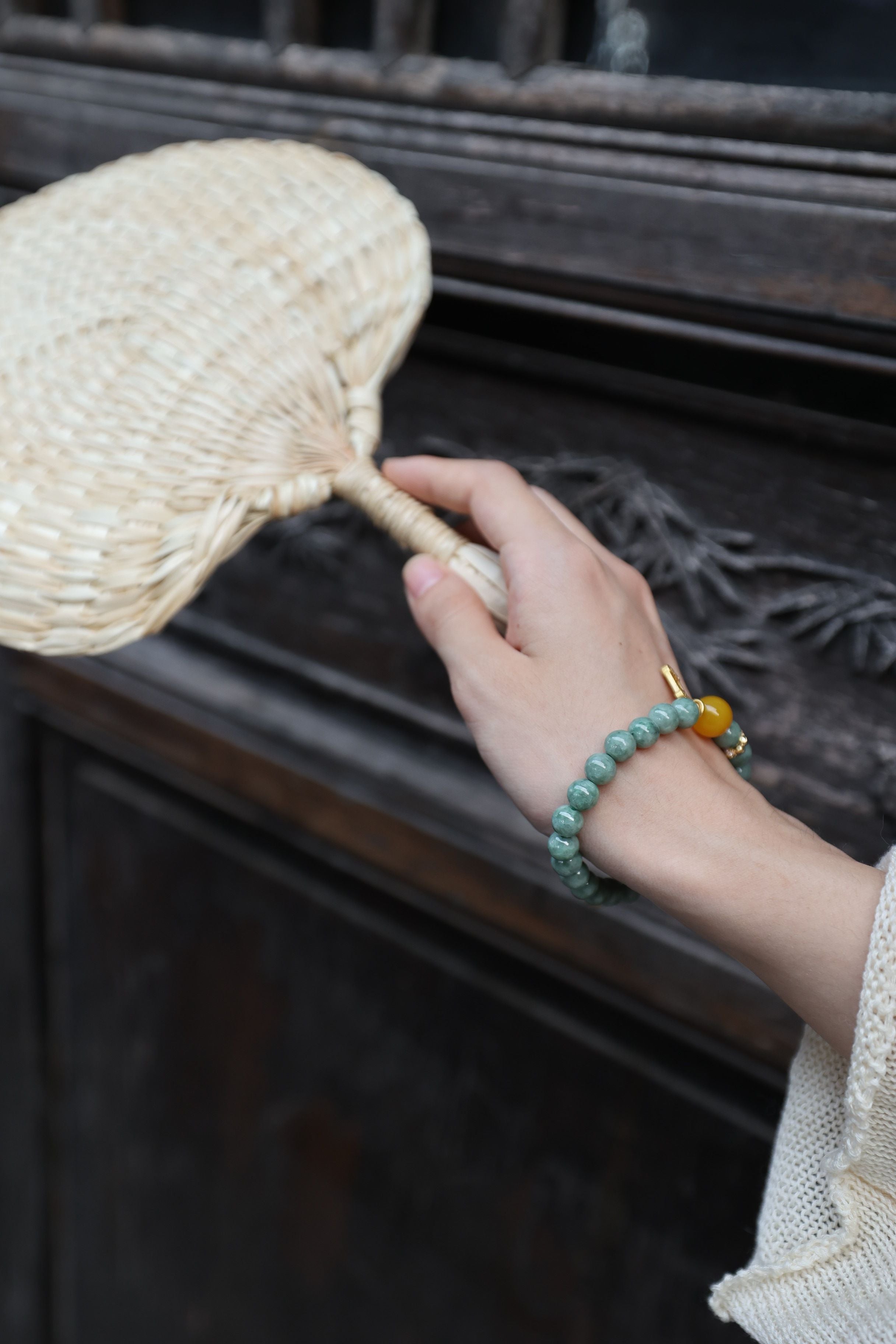 Jade and Yellow Agate Bracelet, 16cm with 8mm Beads