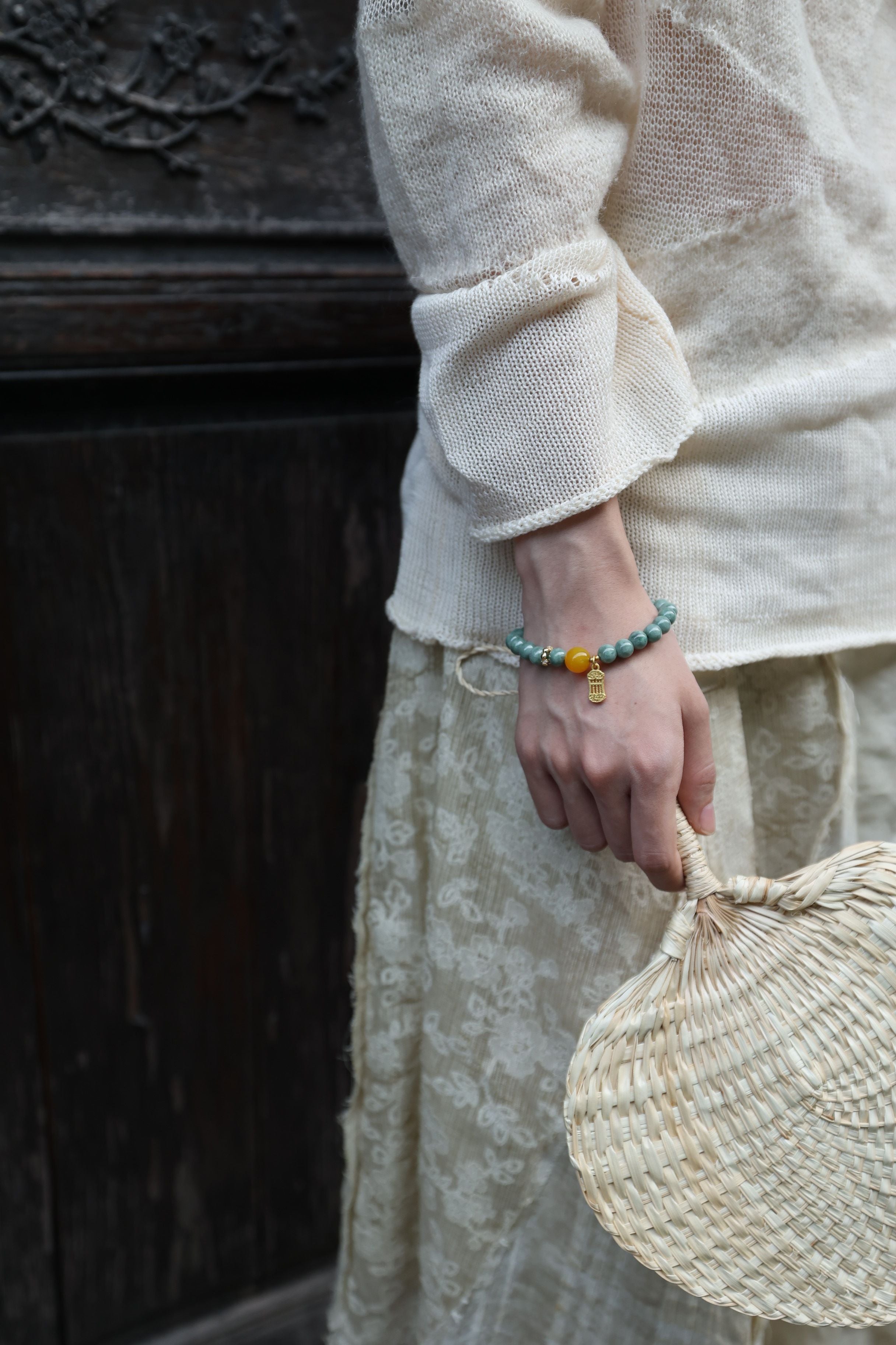 Jade and Yellow Agate Bracelet, 16cm with 8mm Beads