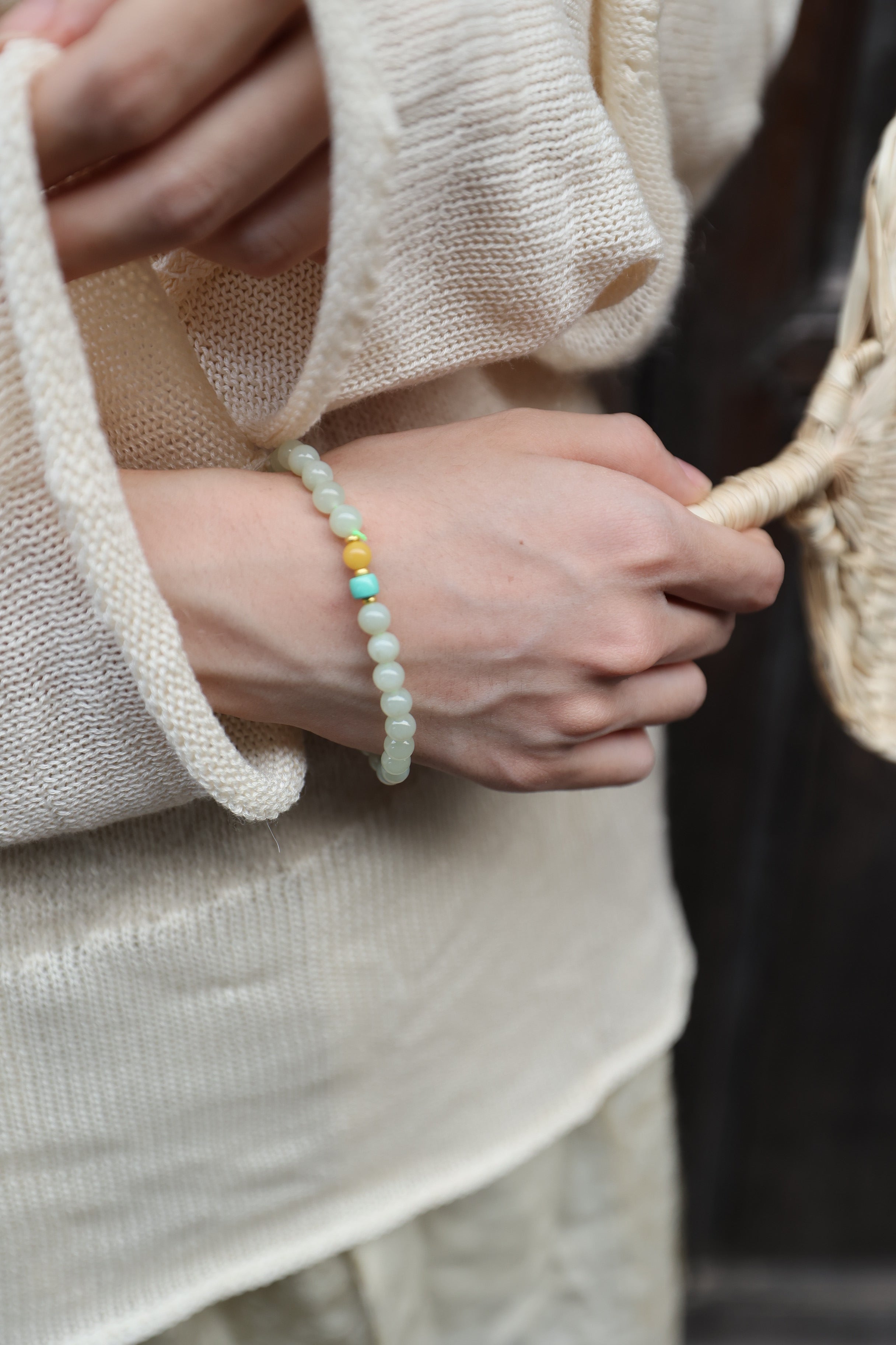 Adjustable Bracelet/Necklace with Hetian Jade, Beeswax, and Linmei Stone